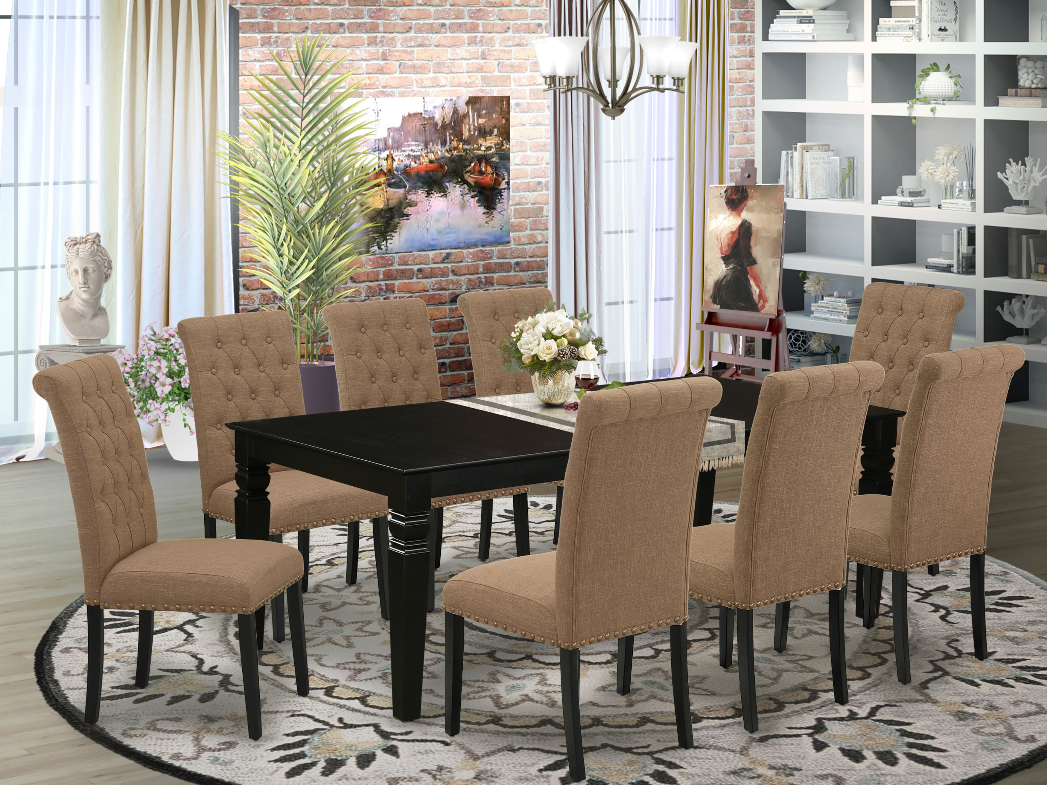LGBR9-BLK-17 9Pc Dining Set Includes a Rectangle Dining Table with Butterfly Leaf and Eight Parson Chairs with Light Sable Fabric, Black Finish
