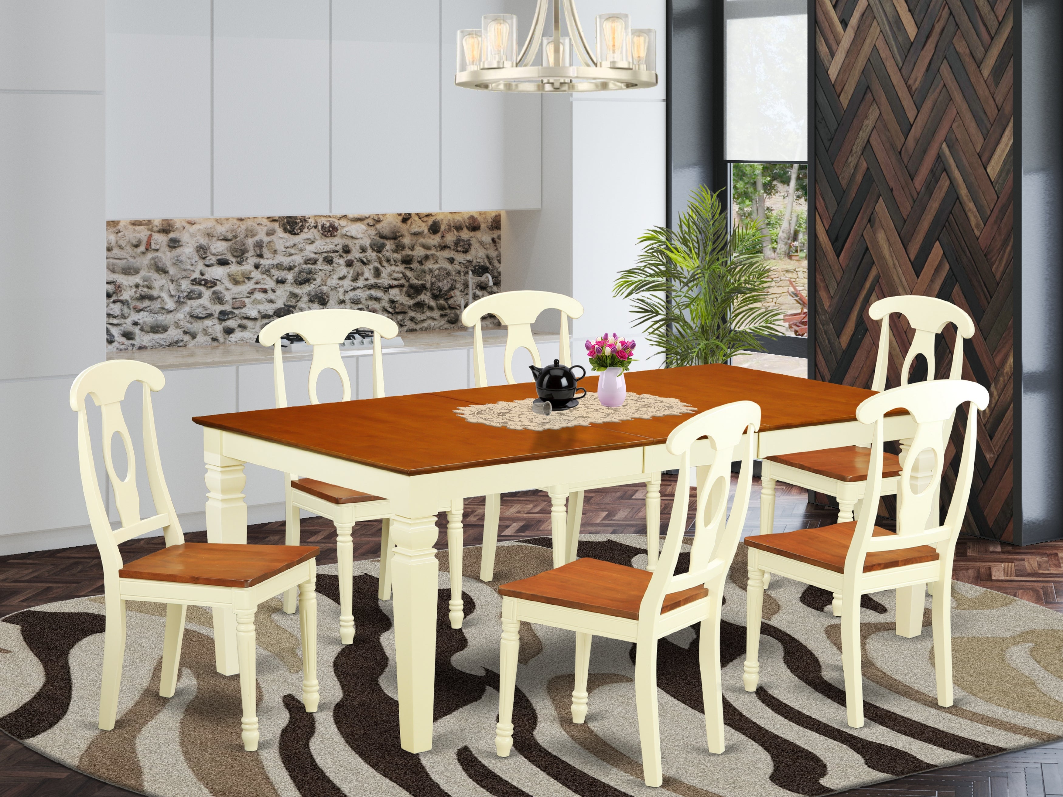 LGKE7-BMK-W 7 PC Kitchen Tables and chair set with a Dining Table and 6 Kitchen Chairs in Buttermilk and Cherry