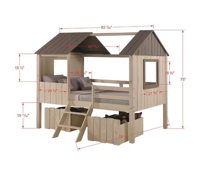 Full House Low Loft with Dual Underbed Drawers, Rustic Sand & Grey