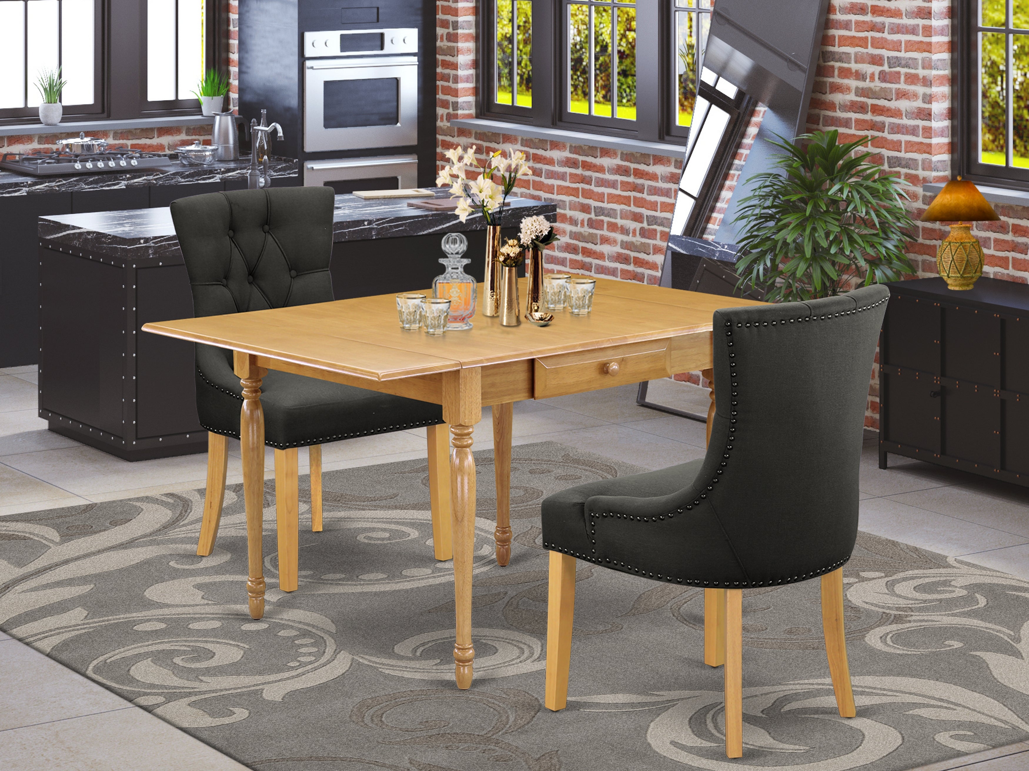 East West Furniture MZFR3-OAK-20 3Pc Dinette Sets for Small Spaces Includes a Rectangle Table and 2 Parsons Dining Room Chairs with Dark Gotham Grey Color Linen Fabric, Drop Leaf Table with Full Back Chairs, Oak Finish