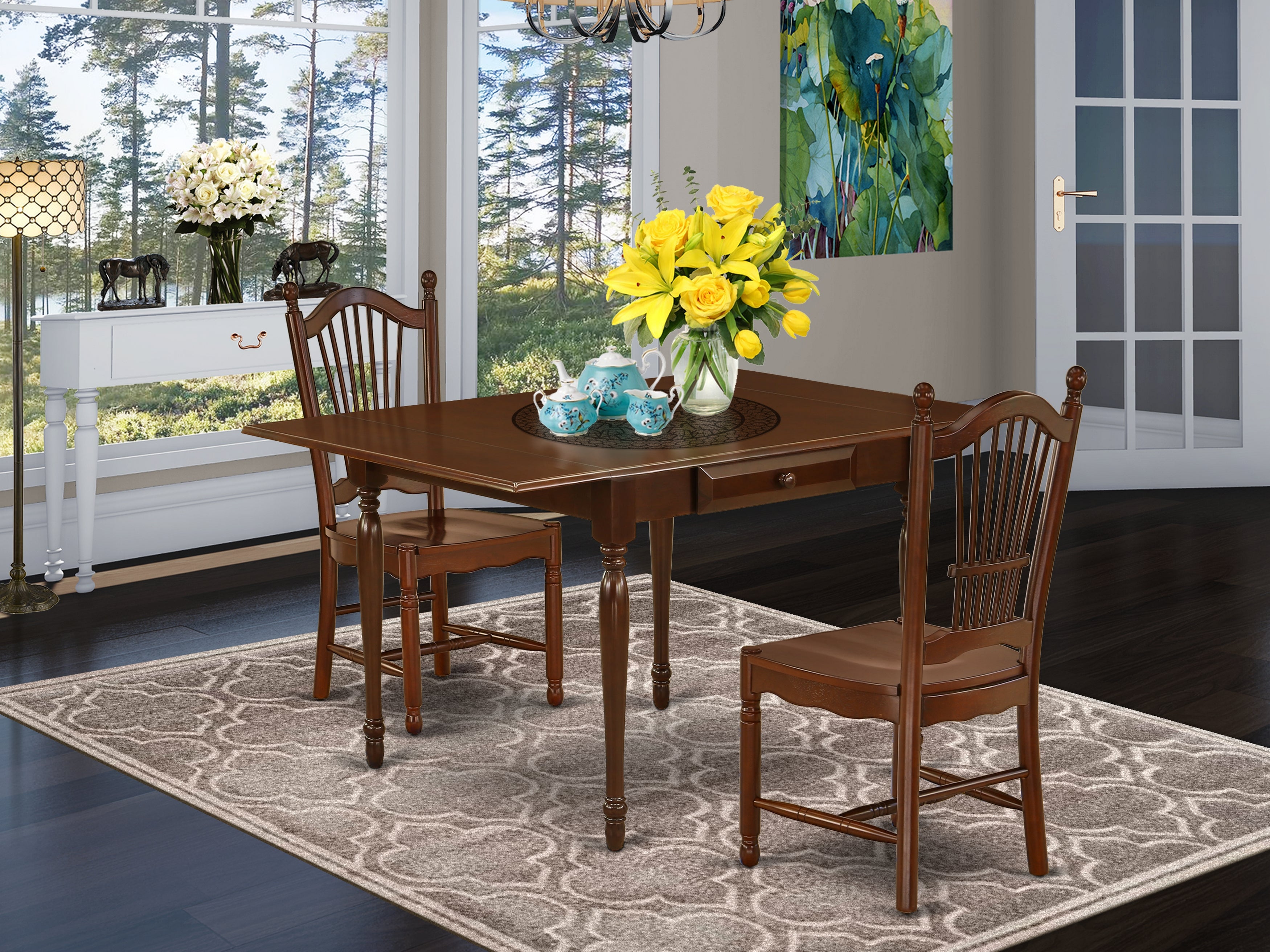 East West Furniture MZDO3-MAH-W 3Pc Dinette Set Contains a Wood Dining Table and 2 Wood Dining Chairs with Wooden Seat, Drop Leaf Table with Panel Back Chairs, Mahogany Finish