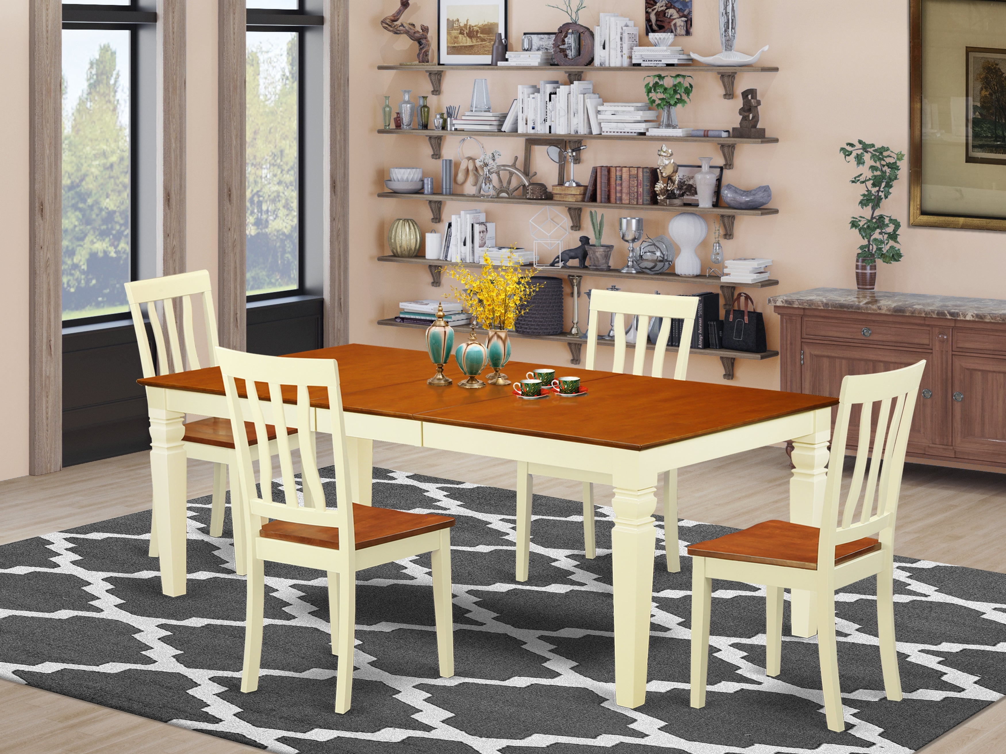 LGAN5-BMK-W 5 Pc Table set with a Dining Table and 4 Dining Chairs in Buttermilk and Cherry