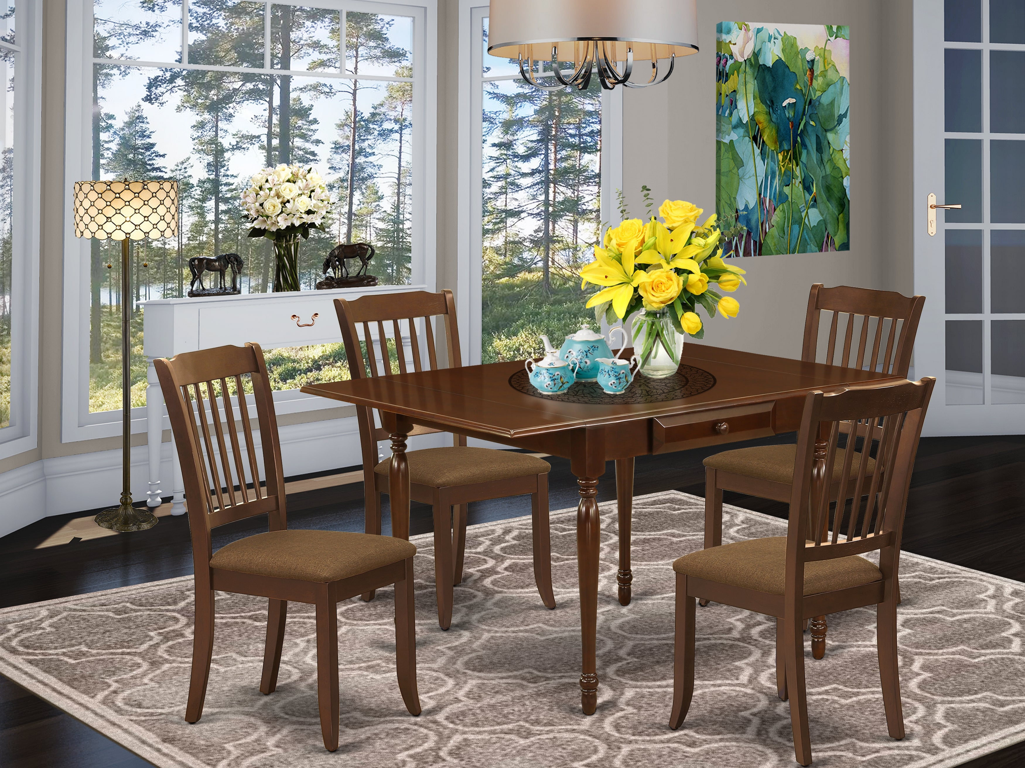 East West Furniture MZDA5-MAH-C 5Pc Dining Set for 4Offers a Small Kitchen Table and 4 Wood Dining Chairs with Microfiber Upholstery Seat, Drop Leaf Table with Slat Back Chairs, Mahogany Finish