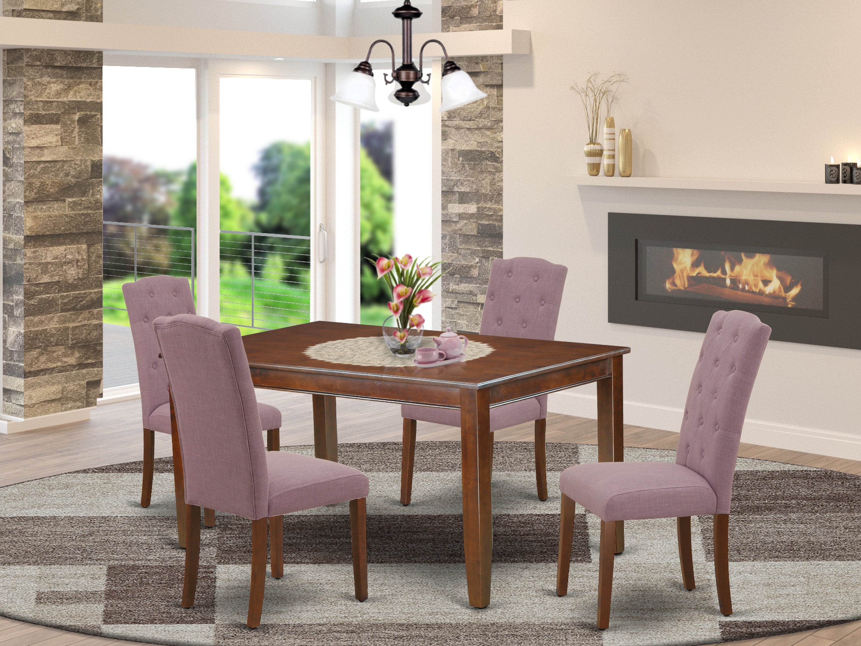 DUCE5-MAH-10 5Pc Dining Set Includes a Rectangle Dining Table and Four Parson Chairs with Dahlia Fabric, Mahogany Finish