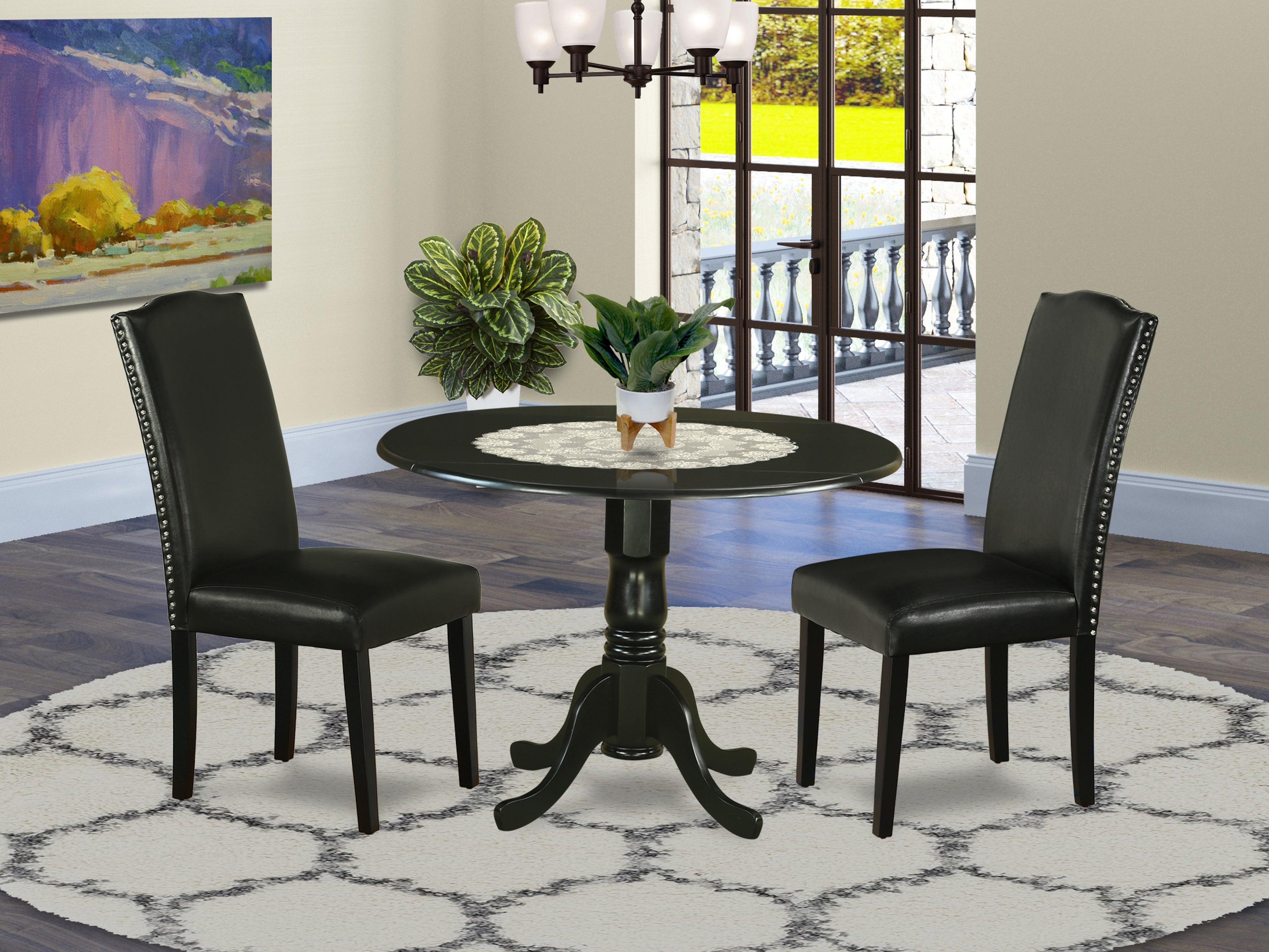 DLEN3-BLK-69 3Pc Round 42 Inch Dining Table With Two 9-Inch Drop Leaves And Two Parson Chair With Black Leg And Pu Leather Color Black