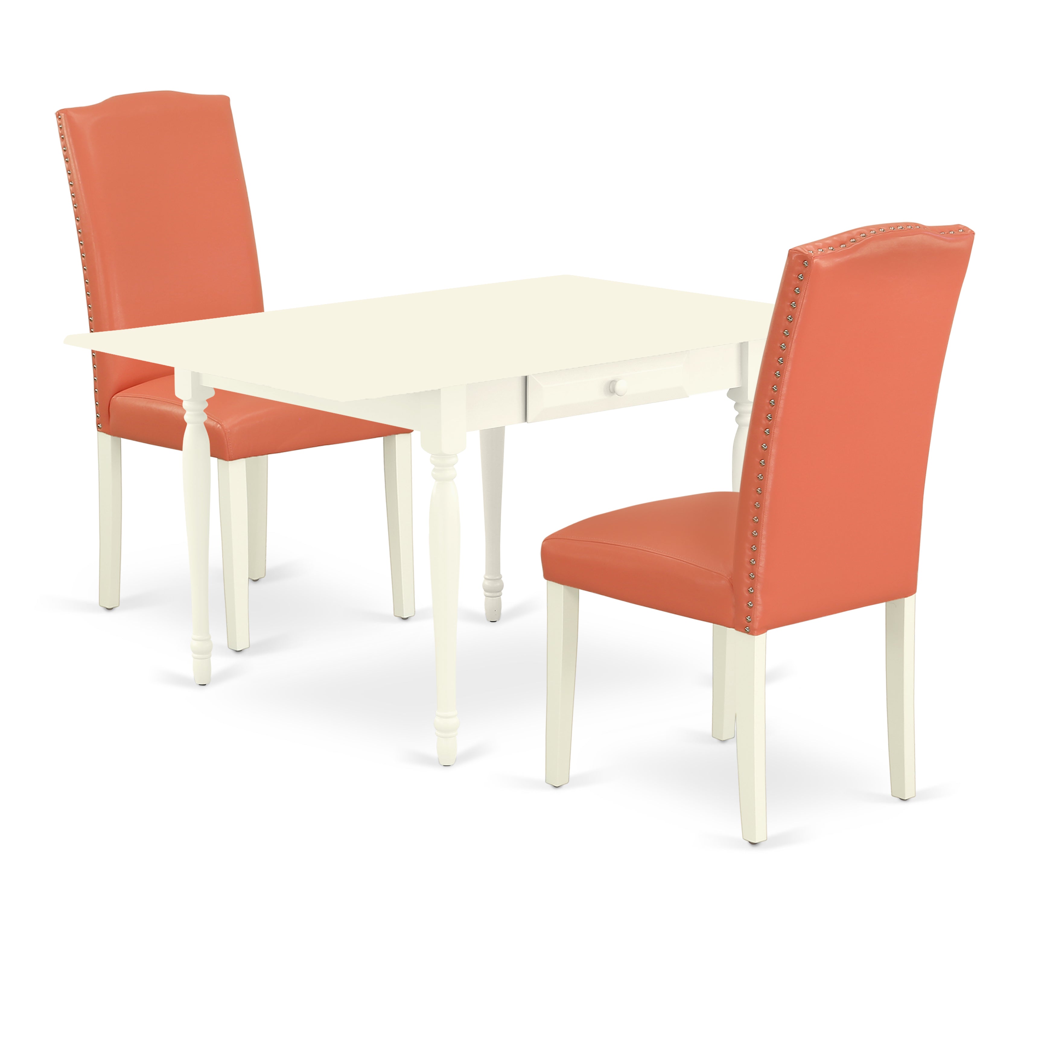 East West Furniture MZEN3-LWH-78 3Pc Dining Table Set for 2 Offers a Dining Room Table and 2 Parsons Dining Chairs with Pink Flamingo Color PU Leather, Drop Leaf Table with Full Back Chairs, Linen White Finish