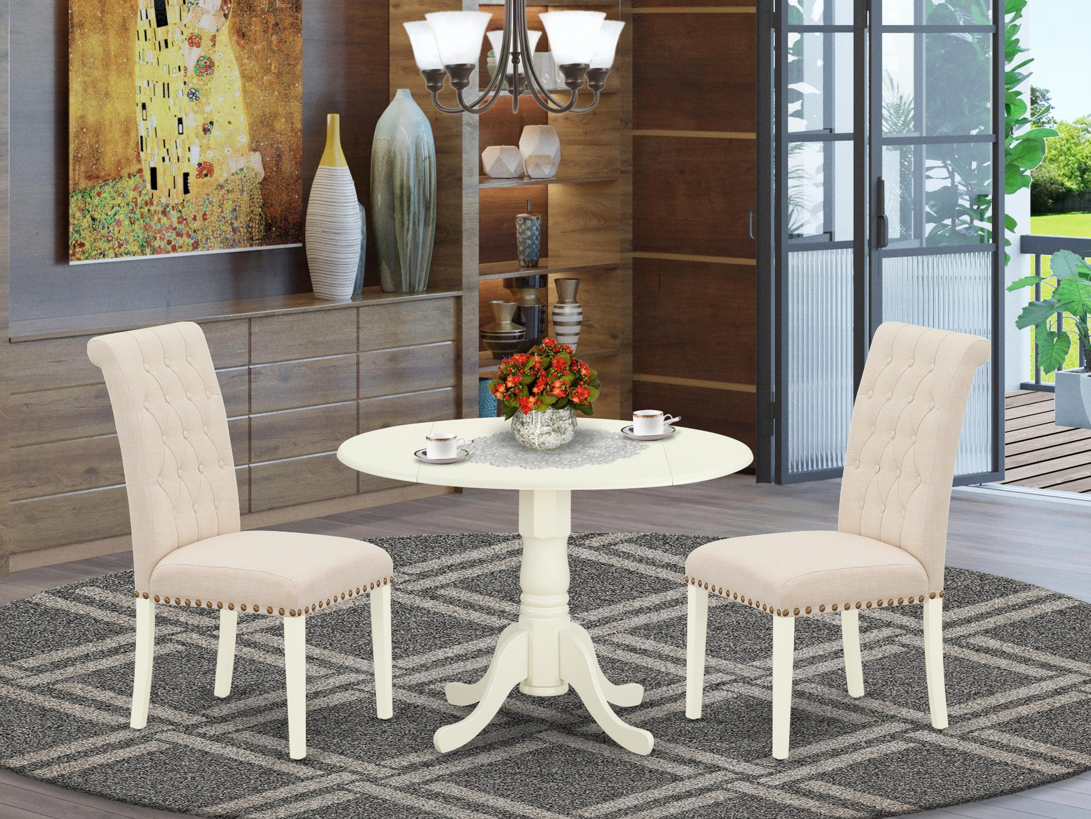 DLBR3-WHI-02 3Pc Dinette Set Includes a Small Rounded Kitchen Table with Drop Leaves and Two Parson Chairs with Light Beige Fabric, White Finish