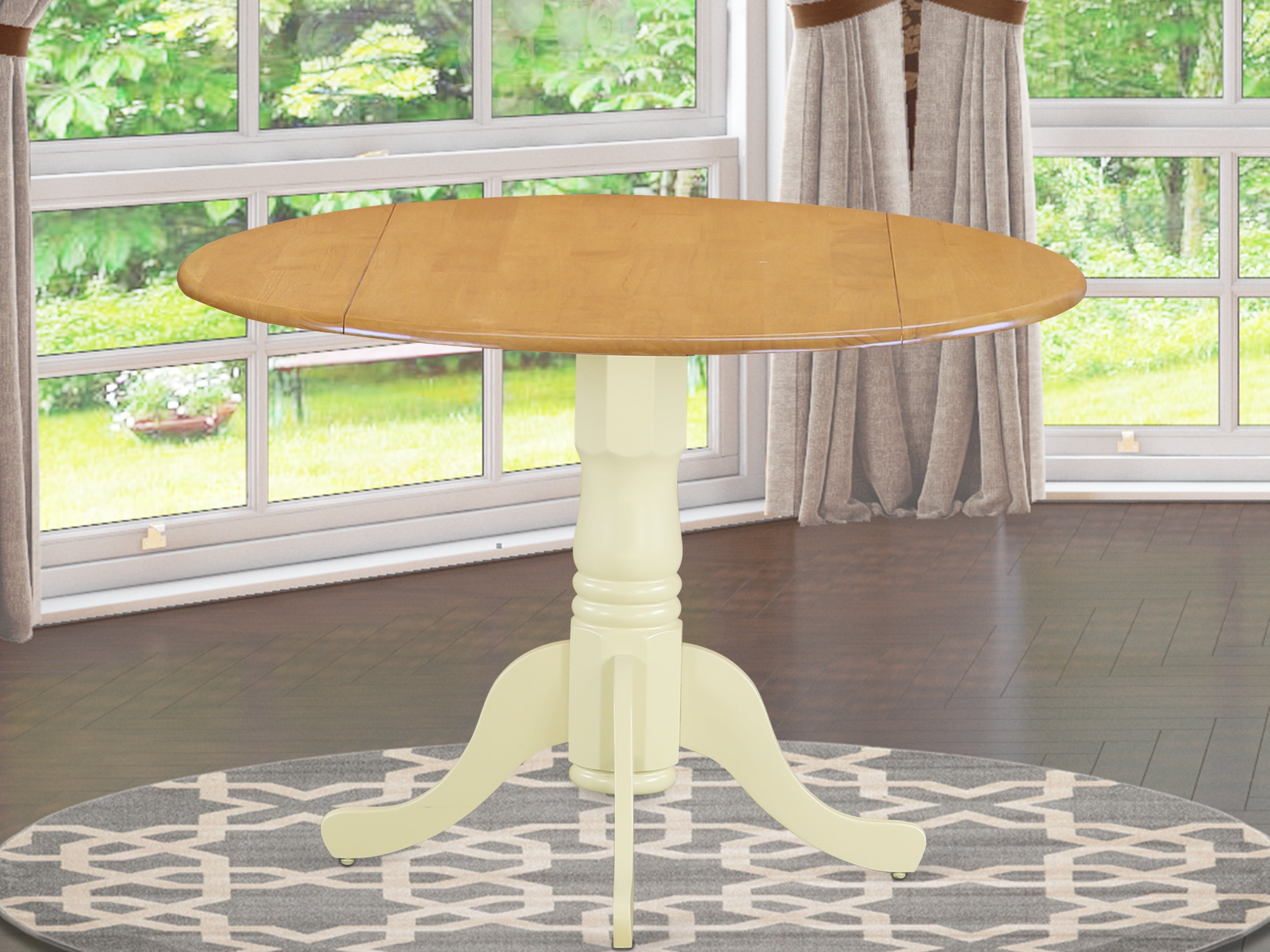 DLT-OMK-TP Dublin Round Table with two 9" Drop Leaves - Oak and Buttermilk Finish