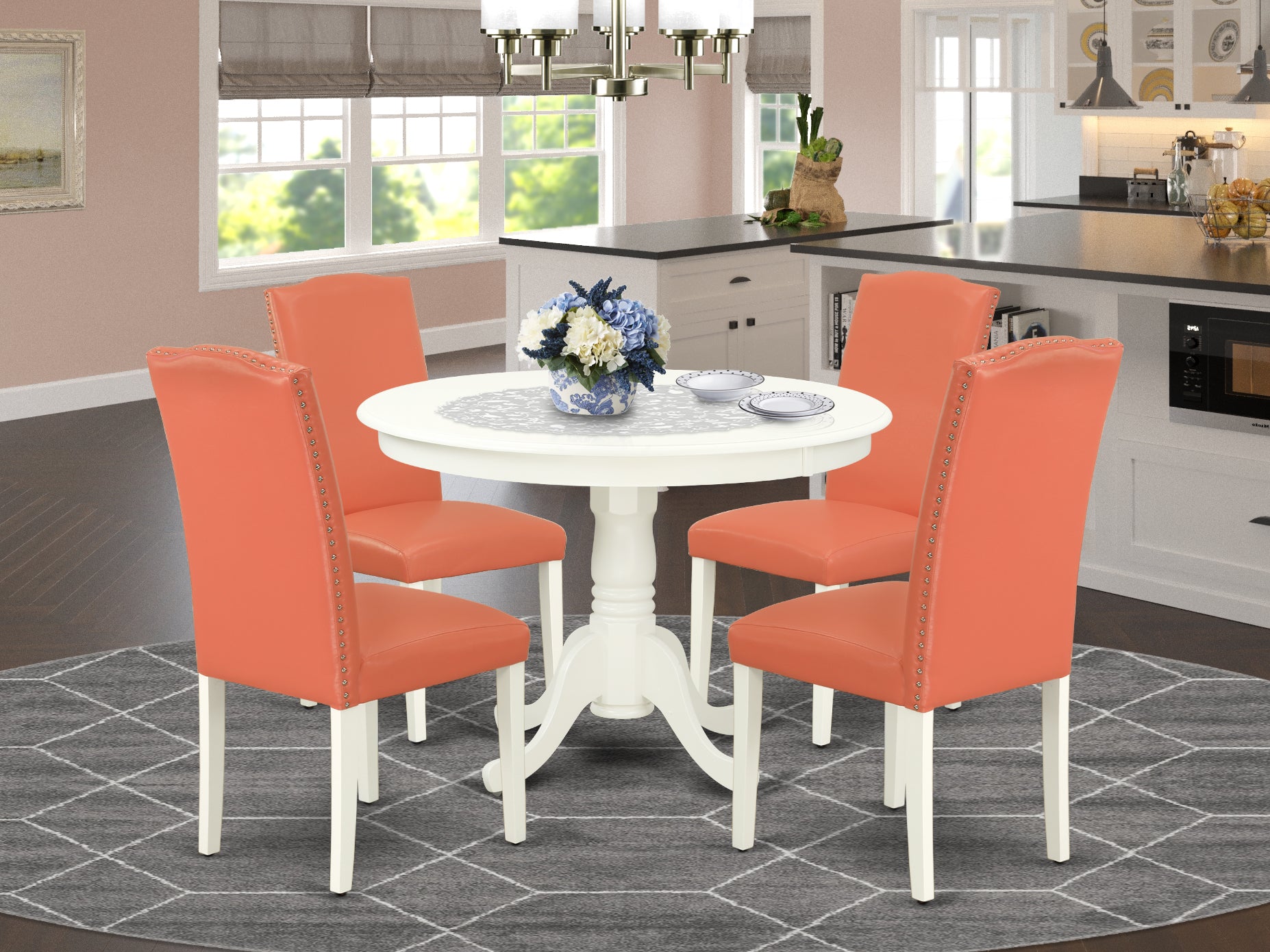 HLEN5-LWH-78 5Pc Round 42 Inch Dinette Table And Four Parson Chair With Linen White Leg And Pu Leather Color Pink Flamingo