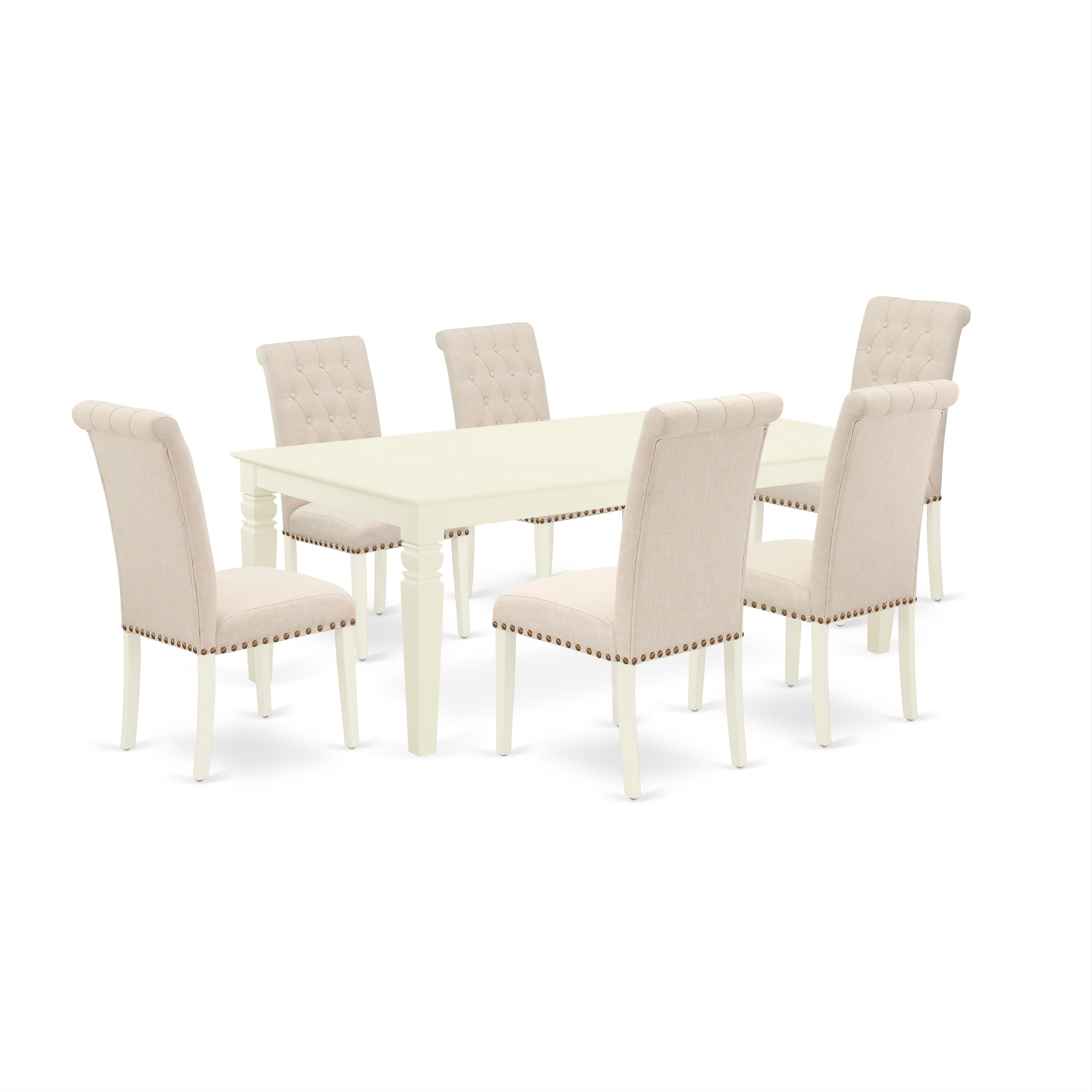 LGBR7-LWH-02 7Pc Dinette Set Includes a Rectangular Kitchen Table with Butterfly Leaf and Six Parson Chairs with Light Beige Fabric, Linen White Finish