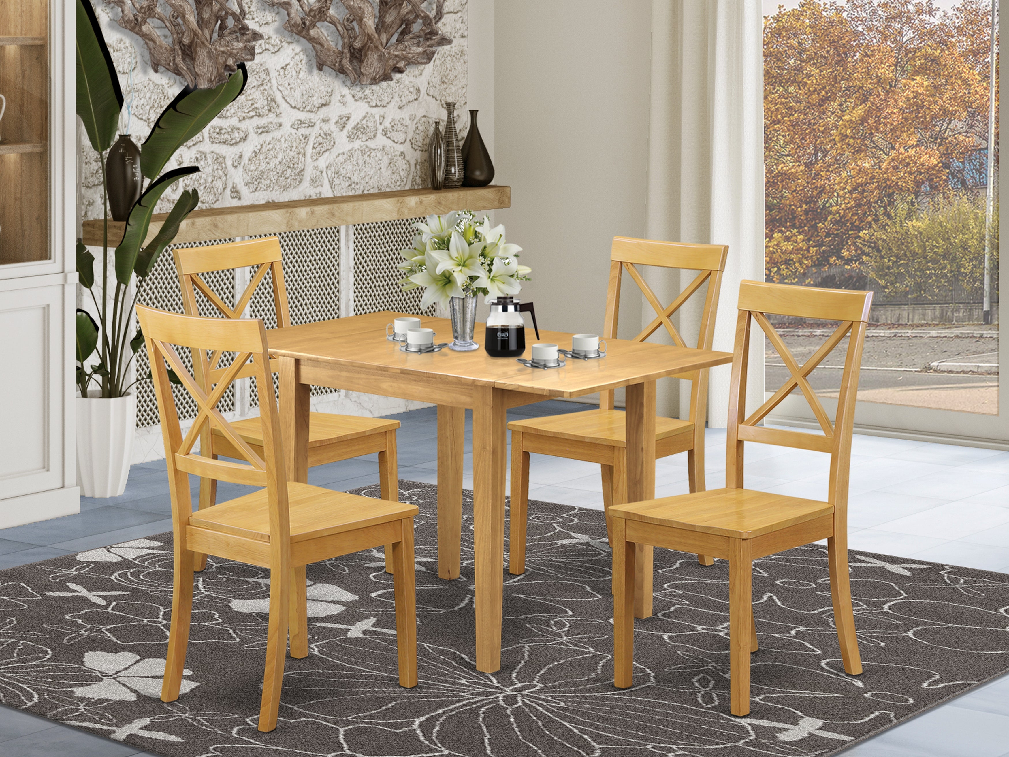 East West Furniture NDBO5-OAK-W Kitchen Table Set 5 Pc- 4 Fabulous Wooden Dining Room Chairs and a Lovely Dining Room Table - Oak Finish Wooden Chair Seat - Oak Finish Hardwood Structure.