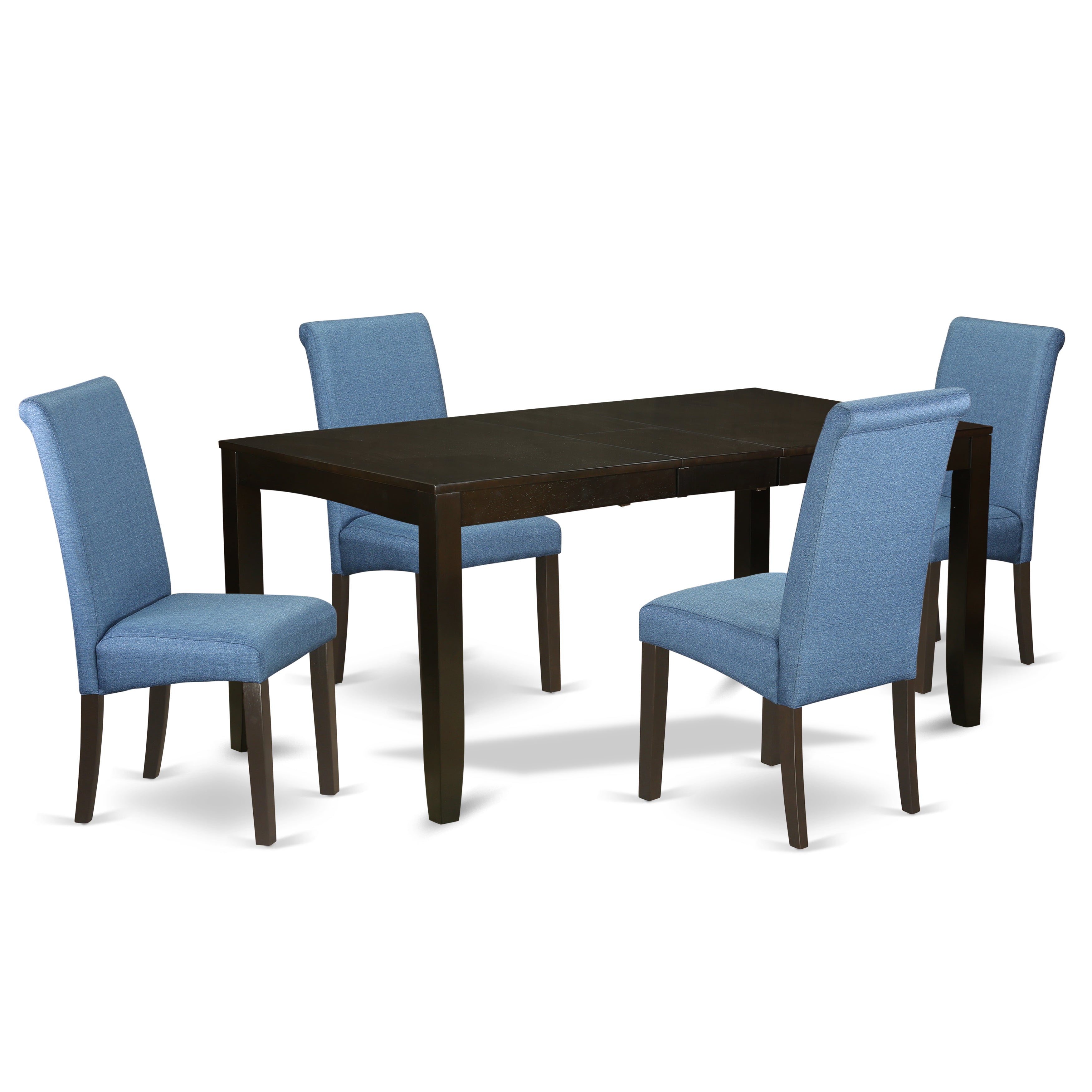 LYBA5-CAP-21 5Pc Kitchen table with linen Blue fabric Parson chairs with cappuccino chair legs