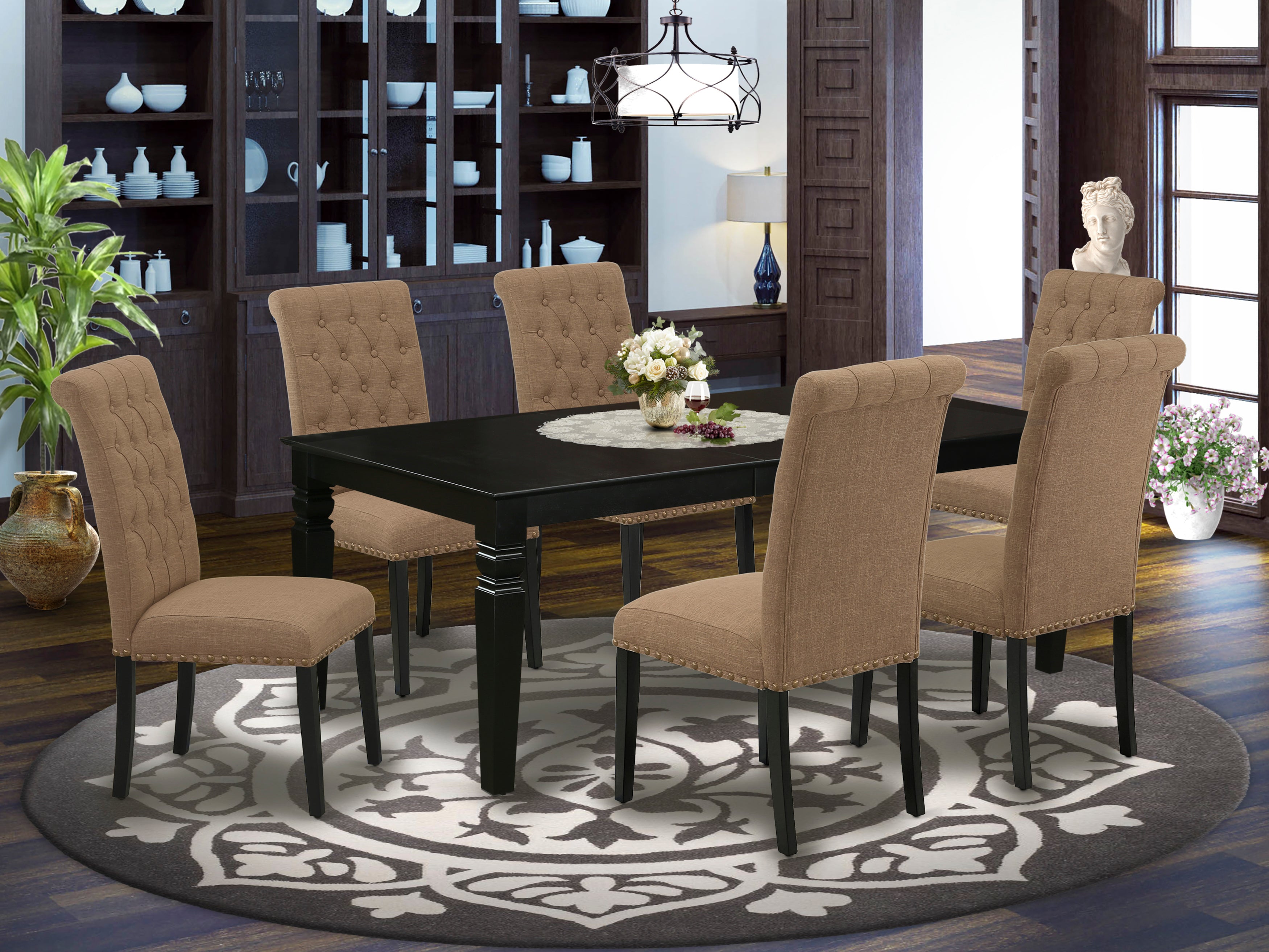 LGBR7-BLK-17 7Pc Dinette Set Includes a Rectangular Kitchen Table with Butterfly Leaf and Six Parson Chairs with Light Sable Fabric, Black Finish