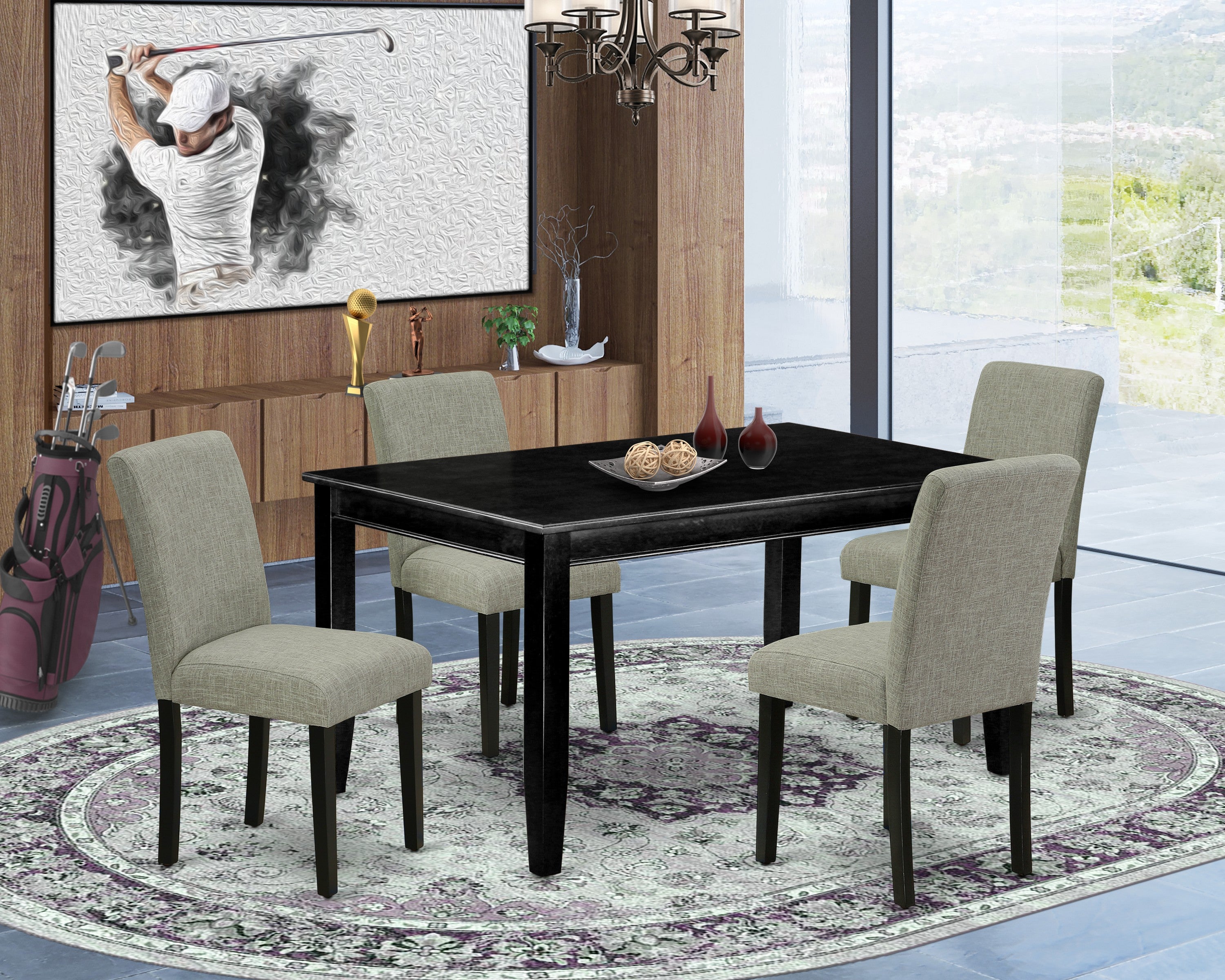 DUAB5-BLK-06 5Pc Rectangle 60 Inch Dining Table And Four Parson Chair With Black Leg And Linen Fabric Shitake