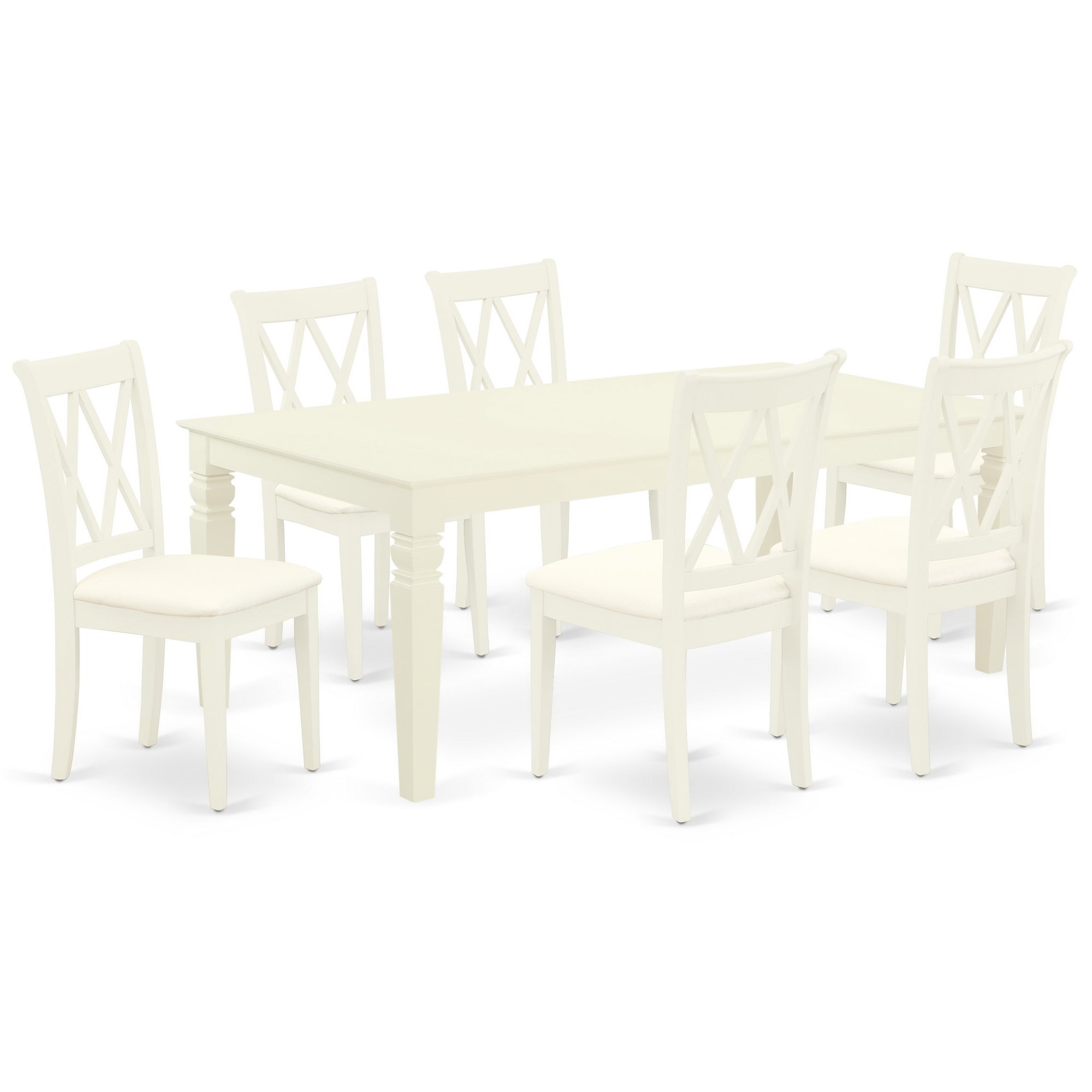 LGCL7-LWH-C 7Pc Dinette Set Includes a Rectangular Kitchen Table with Butterfly Leaf and Six Double X Back Microfiber Seat Dining Chairs, Linen White Finish
