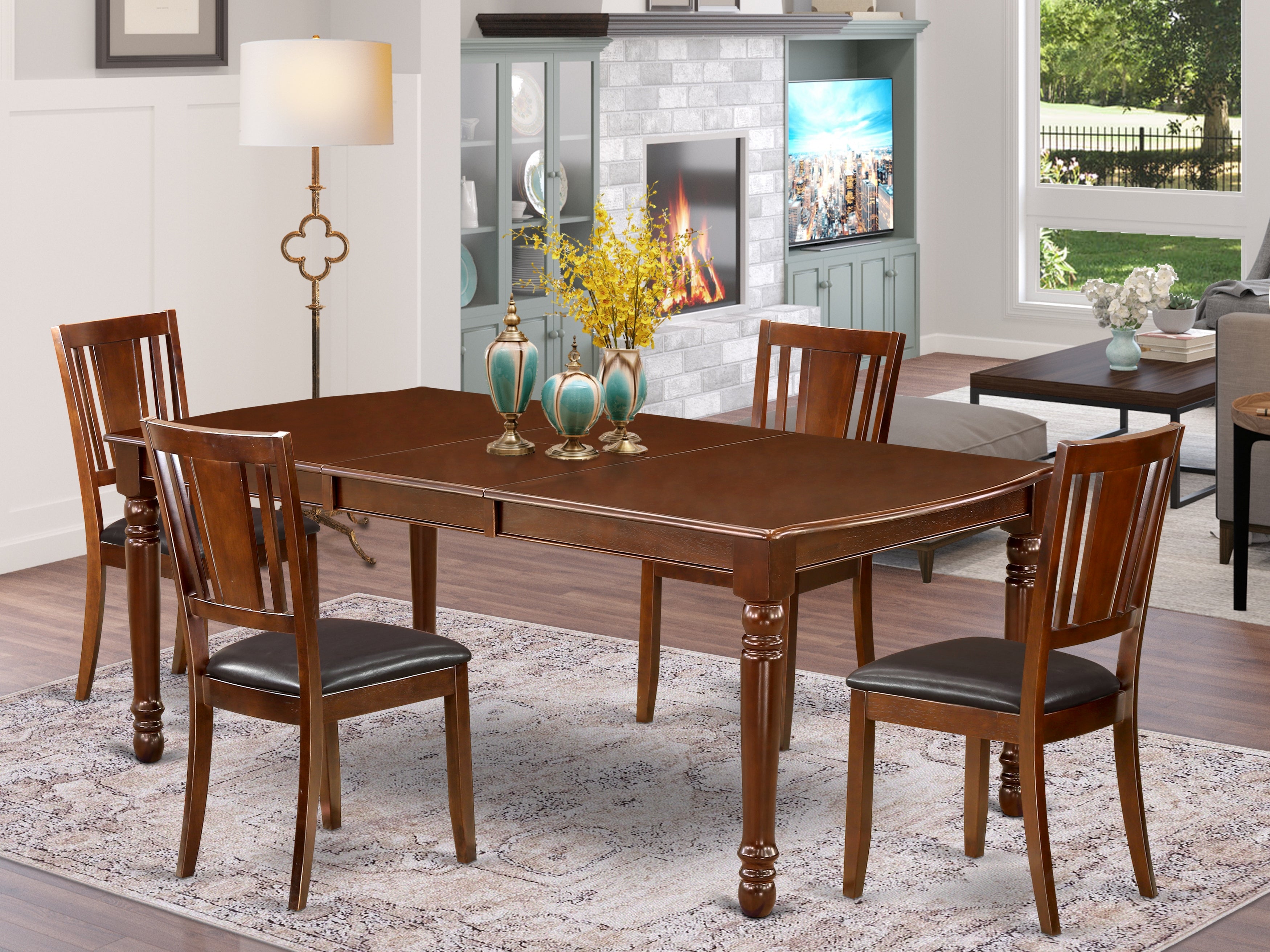DODU5-MAH-LC 5Pc Rectangular 60/78 Inch Dining Room Table With 18 In Self Storing Butterfly Leaf And Four Kitchen Faux Leather Seat Chairs