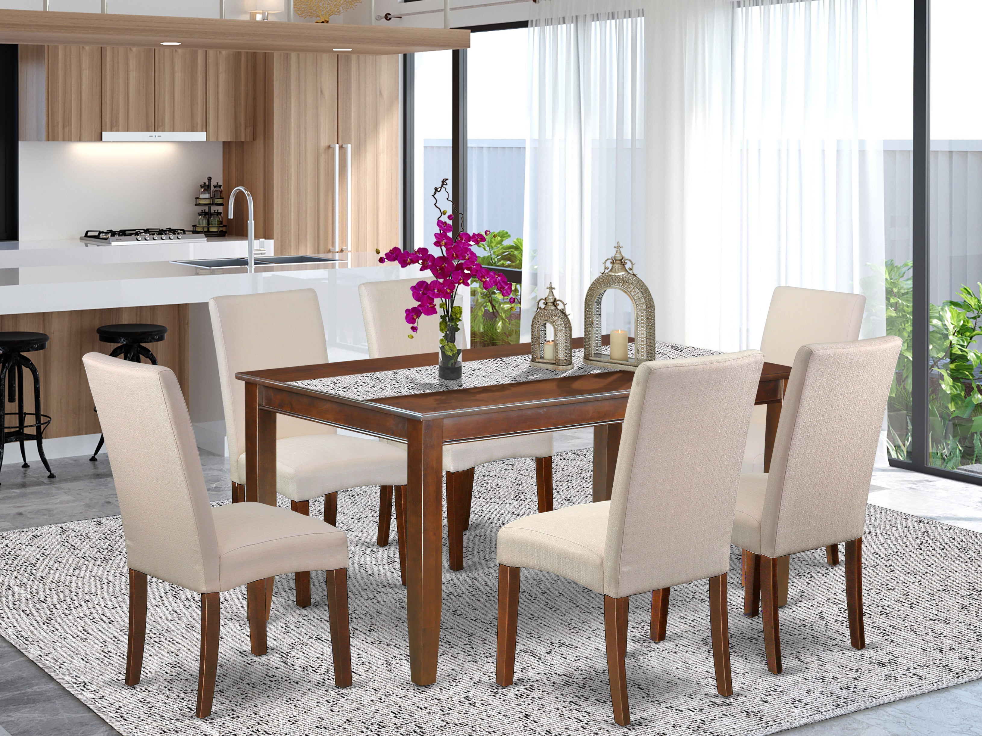DUDR7-MAH-01 7Pc Rectangular 60 Inch Dining Table And Six Parson Chair With Mahogany Finish Leg And Linen Fabric- Cream Color