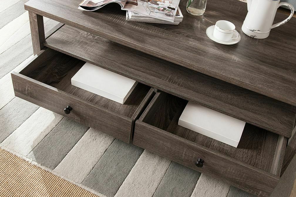 Transitional Distressed Grey Coffee Table with Two Drawers And Shelf