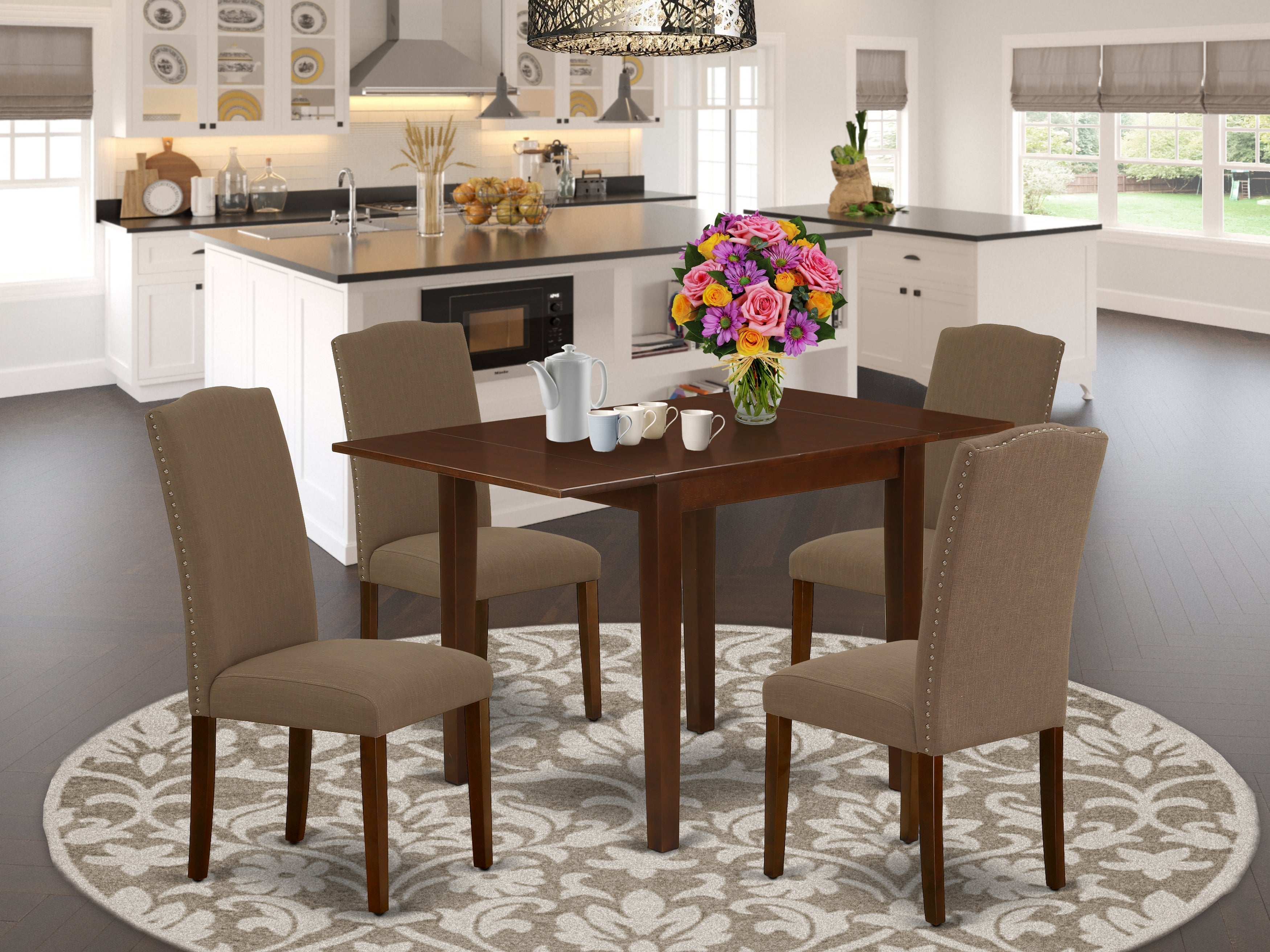 East West Furniture NDEN5-MAH-18 Dinette Set 5 Pcs - Four Parson Chairs and a Breakfast Table - Mahogany Finish Hardwood - Coffee Color Linen Fabric