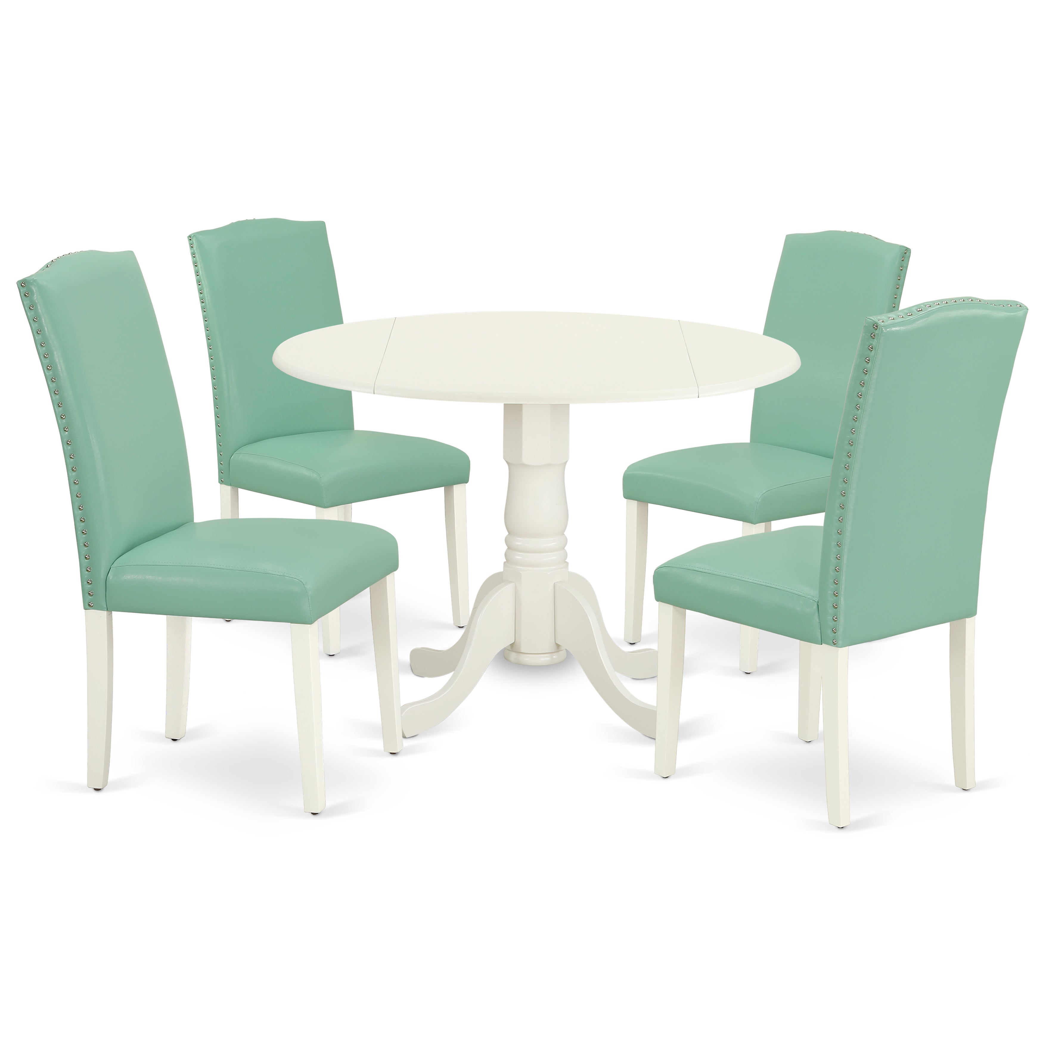 DLEN5-LWH-57 5Pc Round 42" Kitchen Table With Two 9-Inch Drop Leaves And Four Parson Chair With Linen White Leg And Pu Leather Color Pond