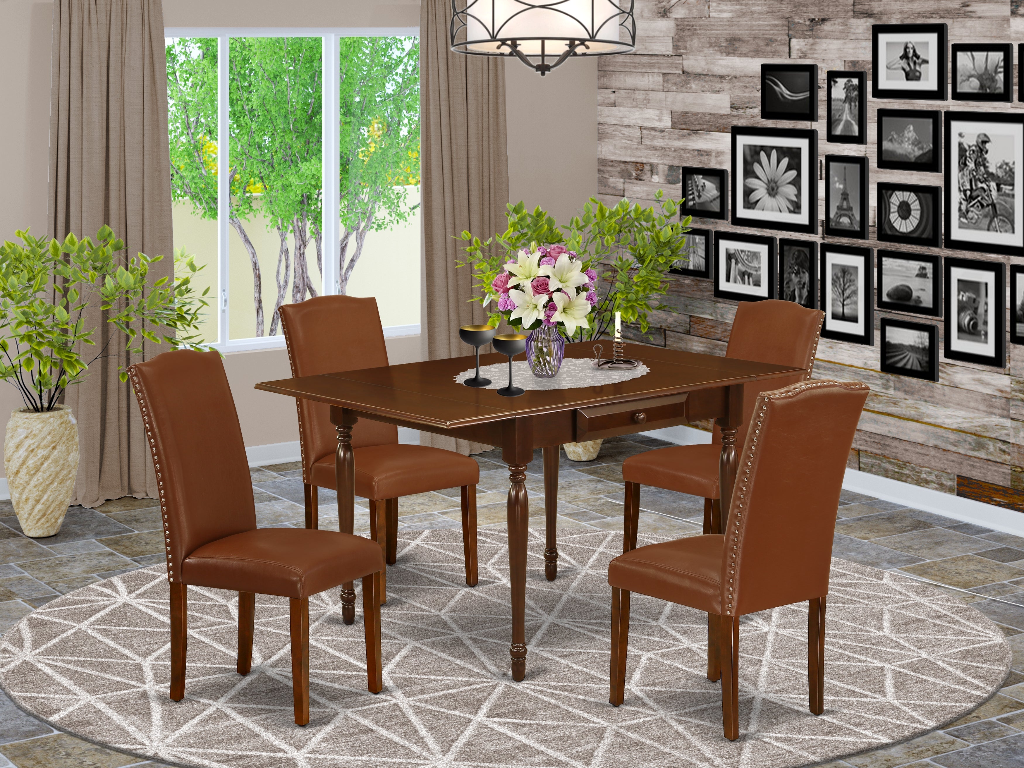 East West Furniture MZEN5-MAH-66 5Pc Dining Table Set Consists of a Small Dining Table and 4 Parsons Dining Chairs with Brown Color PU Leather, Drop Leaf Table with Full Back Chairs, Mahogany Finish