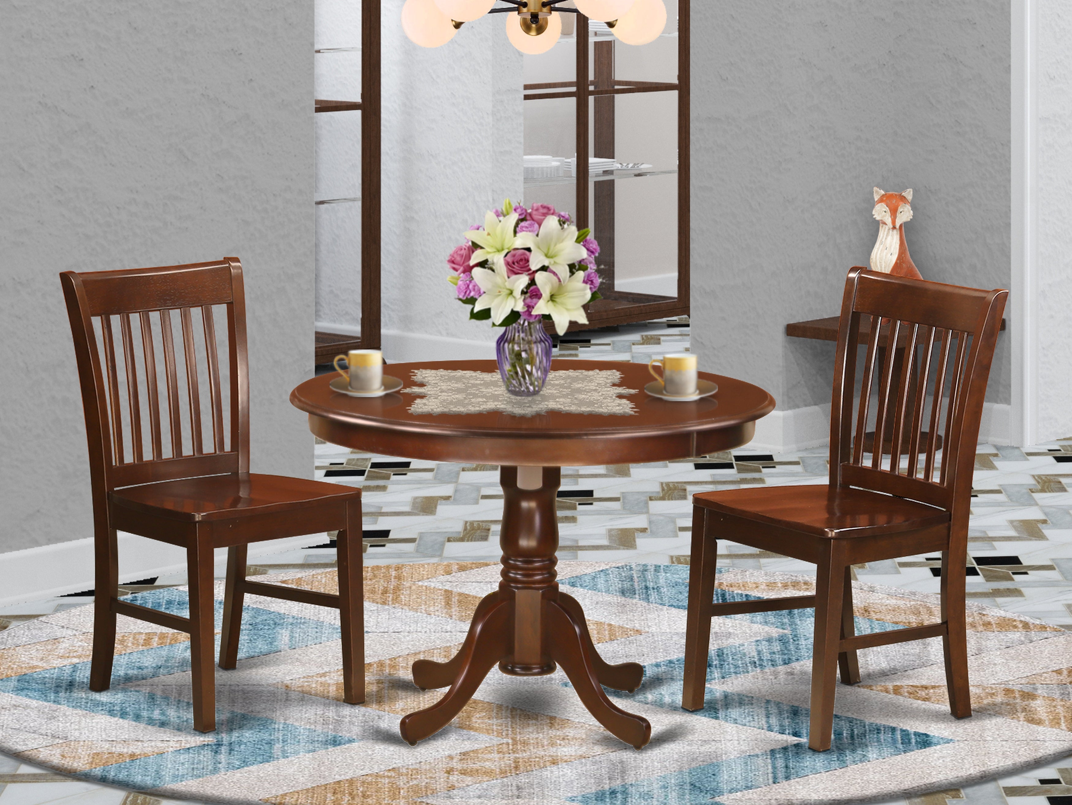 HLNO3-MAH-W 3 Pc set with a Round Kitchen Table and 2 Wood Dinette Chairs in Mahogany