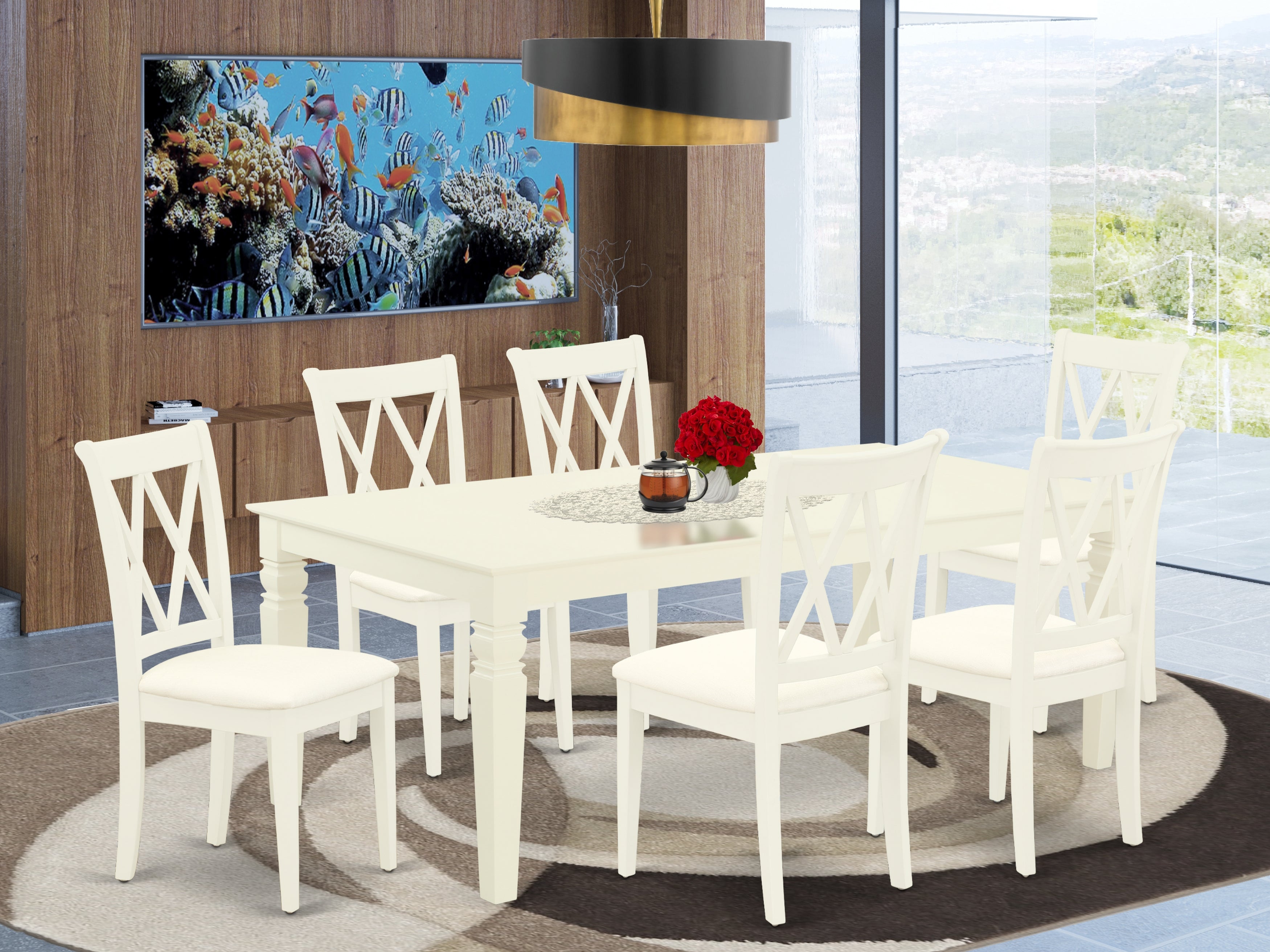 LGCL7-LWH-C 7Pc Dinette Set Includes a Rectangular Kitchen Table with Butterfly Leaf and Six Double X Back Microfiber Seat Dining Chairs, Linen White Finish