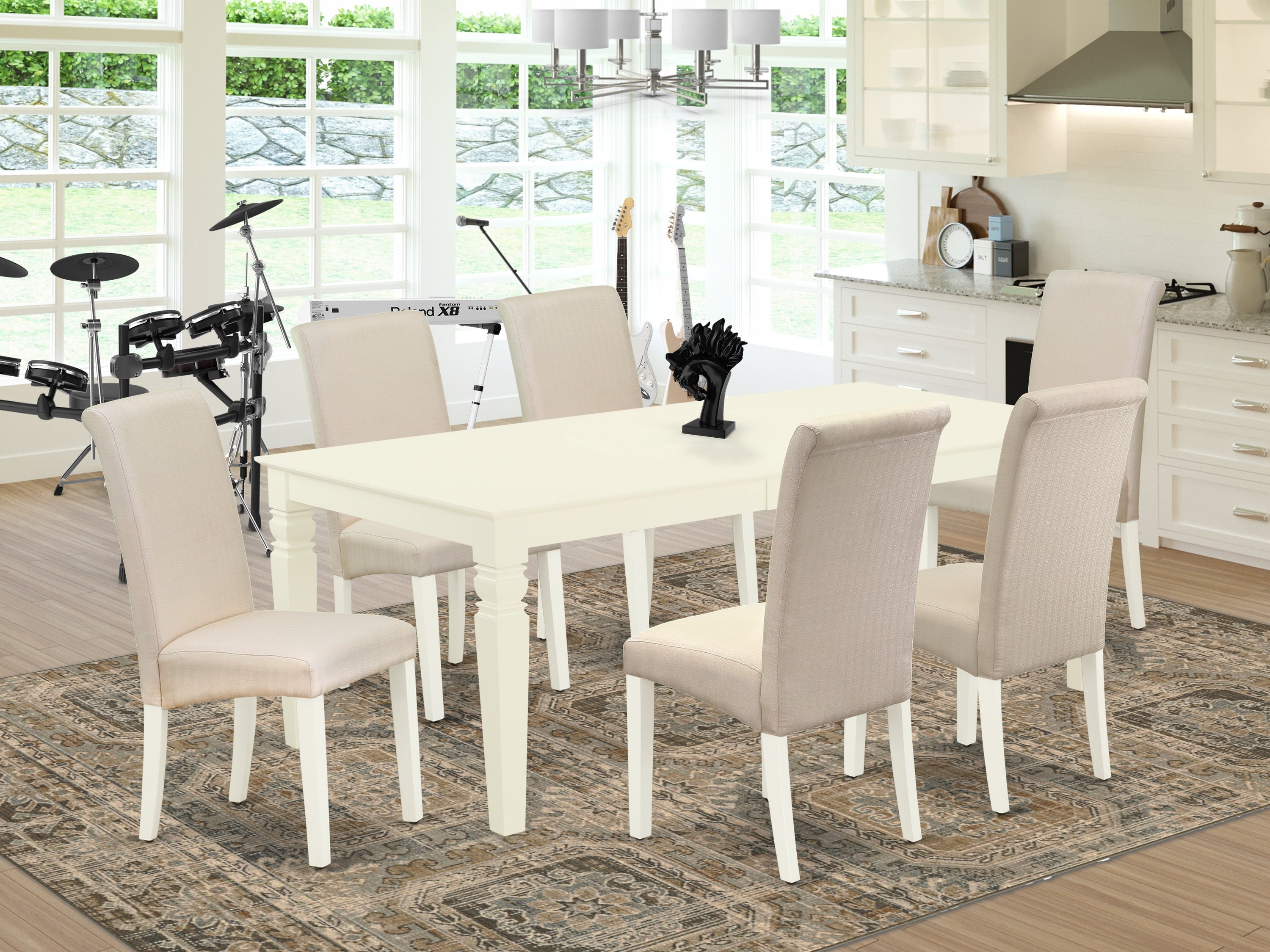 LGBA7-LWH-01 7Pc Dinette Set Includes a Rectangular Kitchen Table with Butterfly Leaf and Six Parson Chairs with Cream Fabric, Linen White Finish