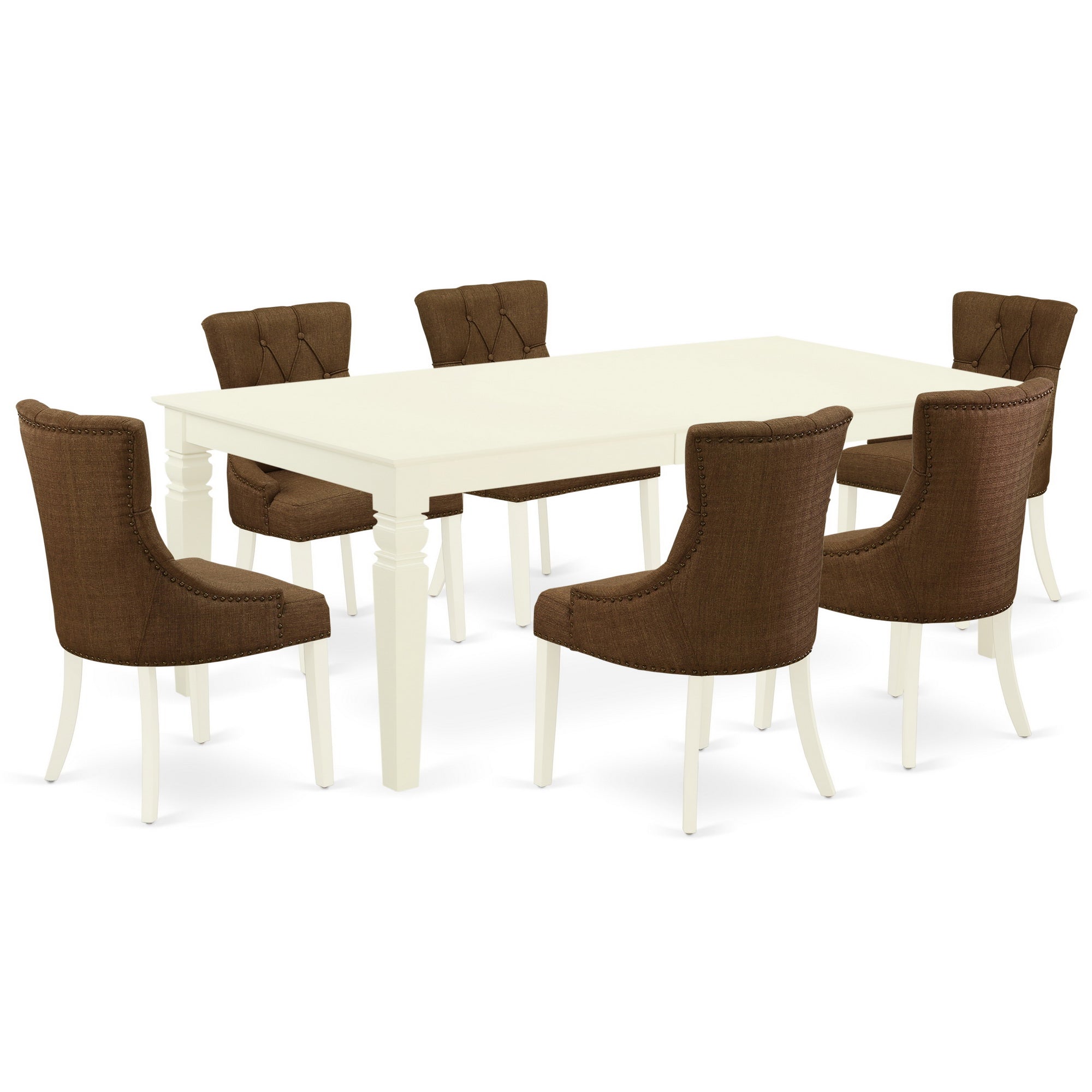 LGFR7-LWH-18 7Pc Dinette Set Includes a Rectangular Kitchen Table with Butterfly Leaf and Six Parson Chairs with Dark Coffee Fabric, Linen White Finish