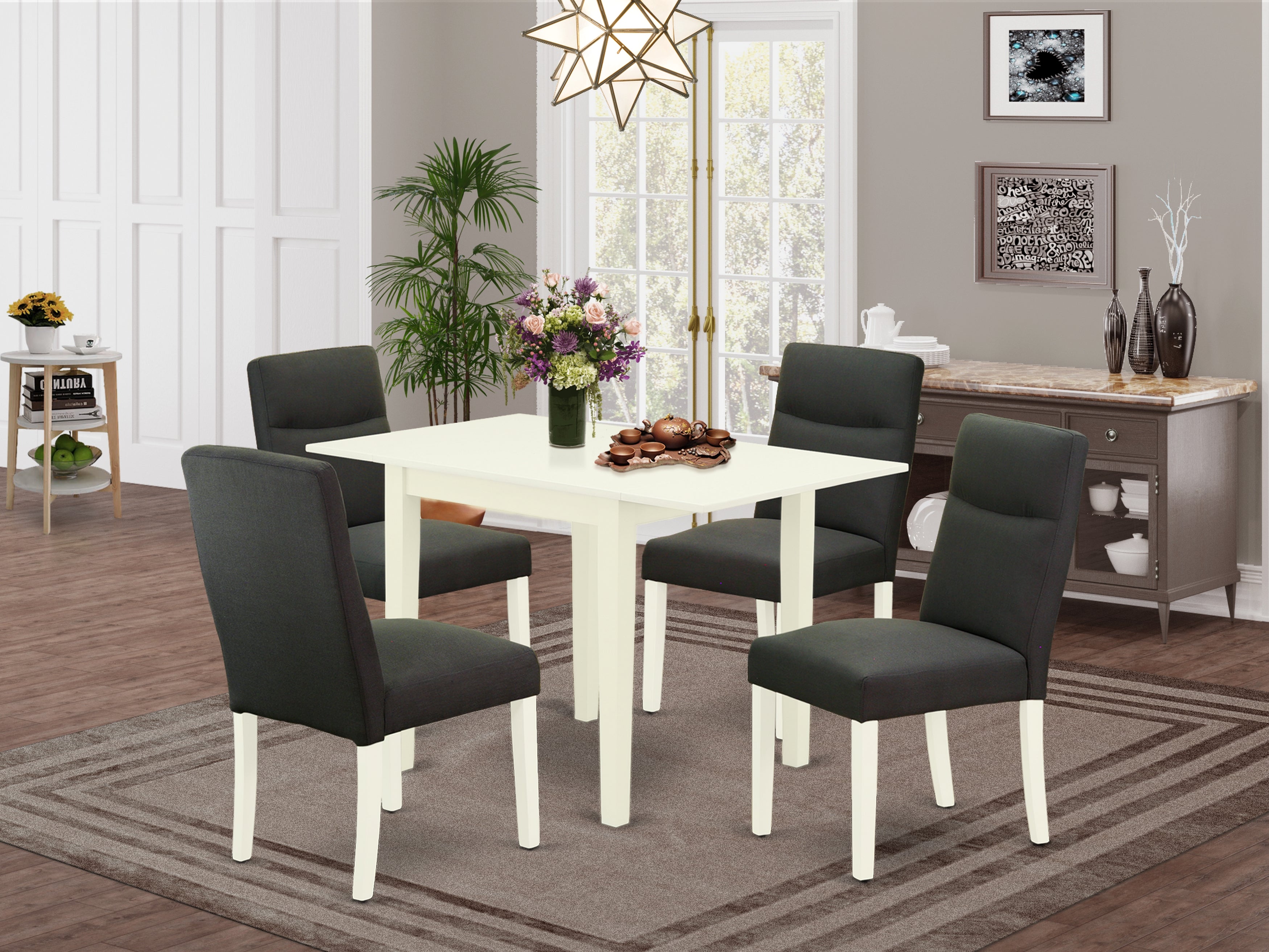 East West Furniture NDBE5-LWH-20 Dinette Set 5 Pc - Four Dining Room Chairs and a Dinner Table - Linen White Finish Wood - Dark Gotham Grey Color Linen Fabric