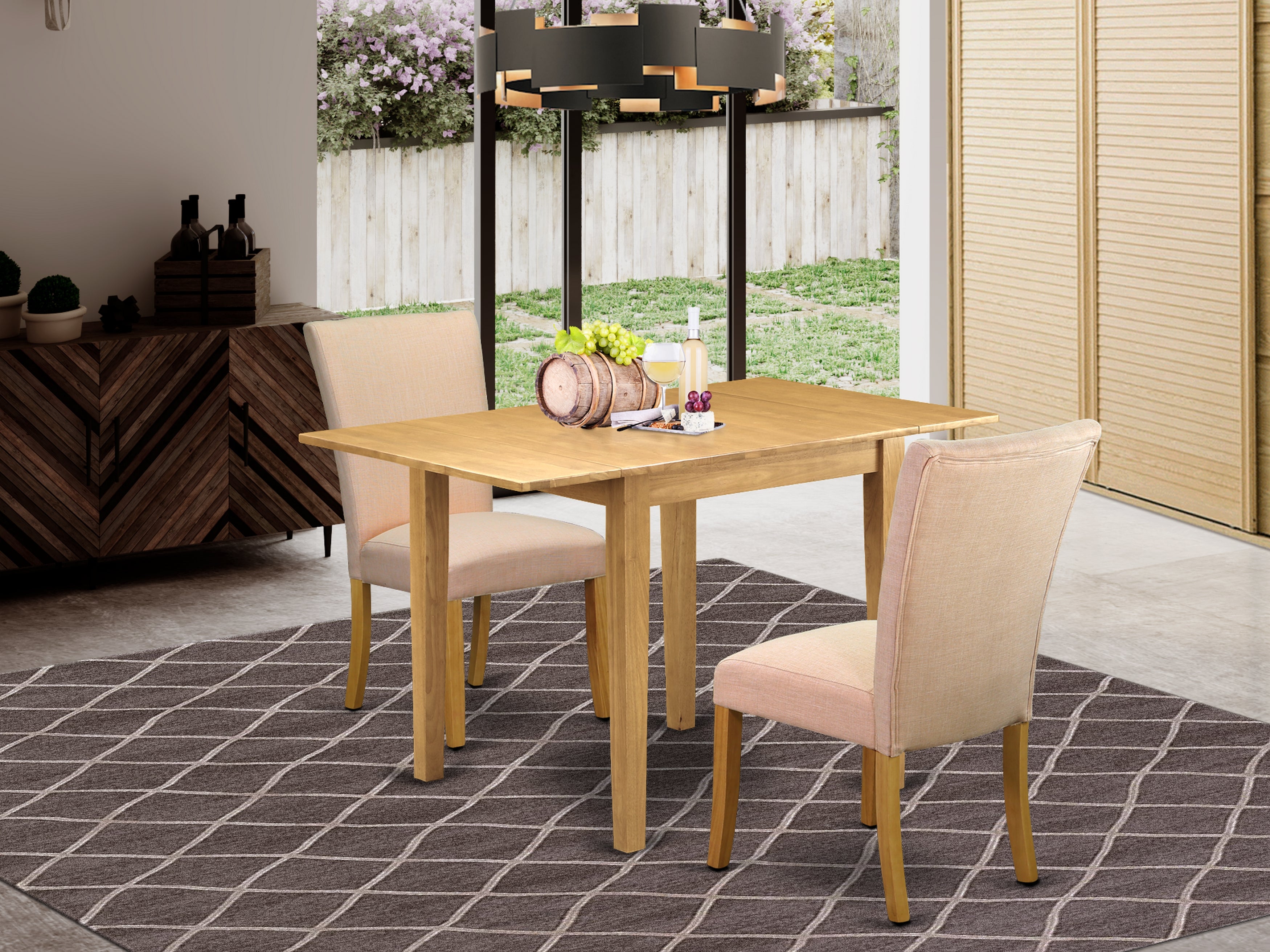 East West Furniture NDAL3-OAK-03 Dinette Set 3 Pc - 2 Kitchen Chairs and a Kitchen Table - Oak Finish Hardwood - Dove Beige Color Linen Fabric