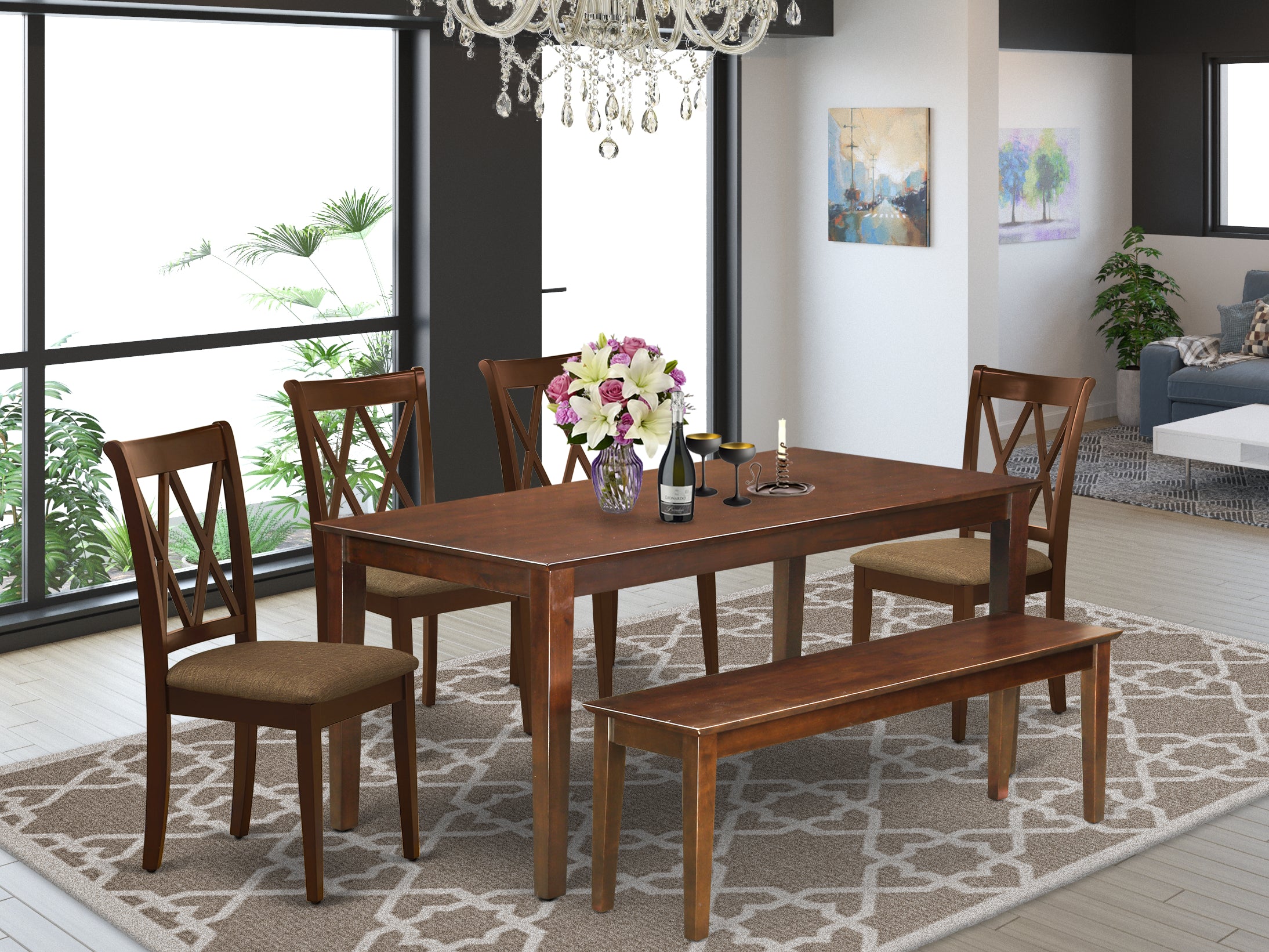 DUCL6-MAH-C 6Pc Dining Set Includes a Rectangle Dining Table, Four Double X Back Microfiber Seat Kitchen Chairs and a Bench, Mahogany Finish