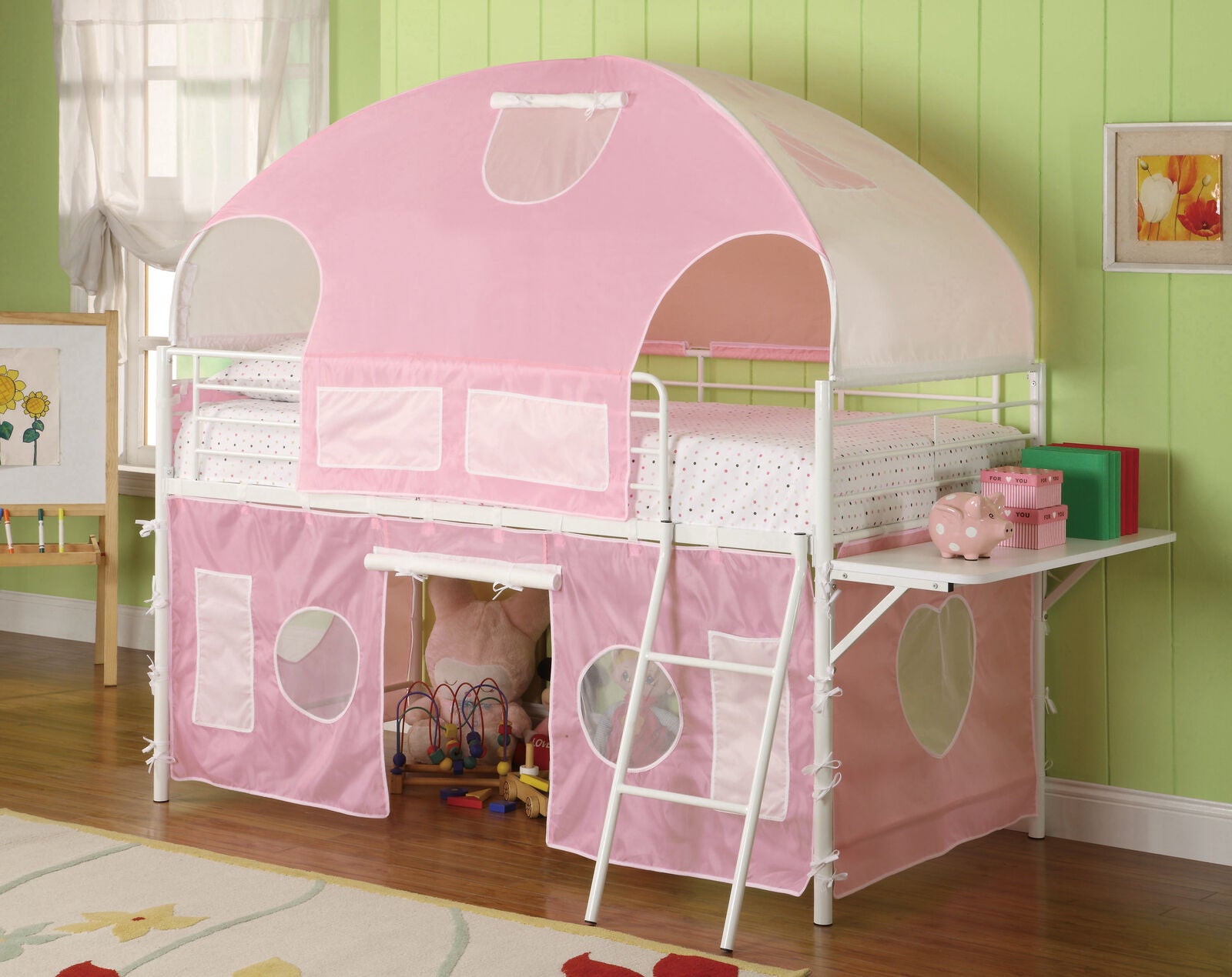 Twin Princess Sweetheart Tent Loft Bunk Bed Ladder Pink And White