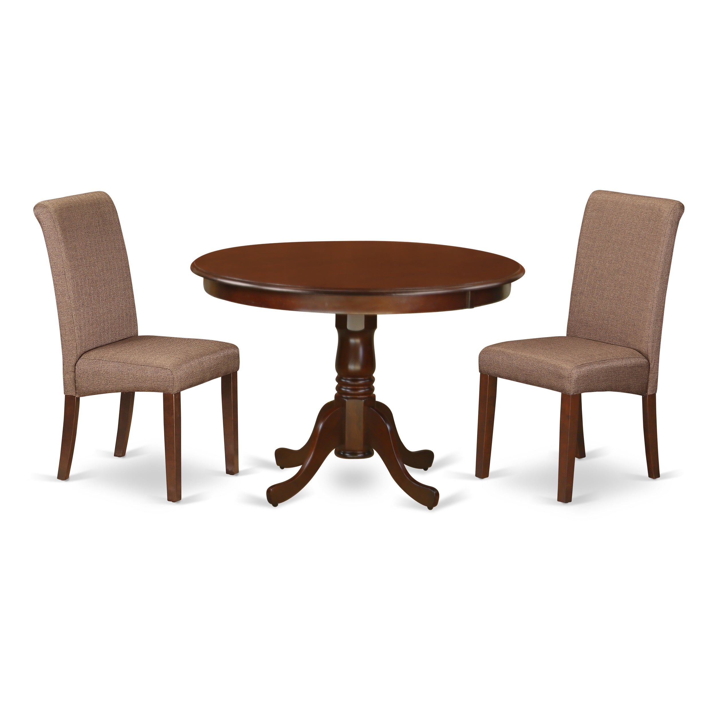 HLBA3-MAH-18 3Pc Small Round table with linen brown fabric dining chairs with mahogany chair legs