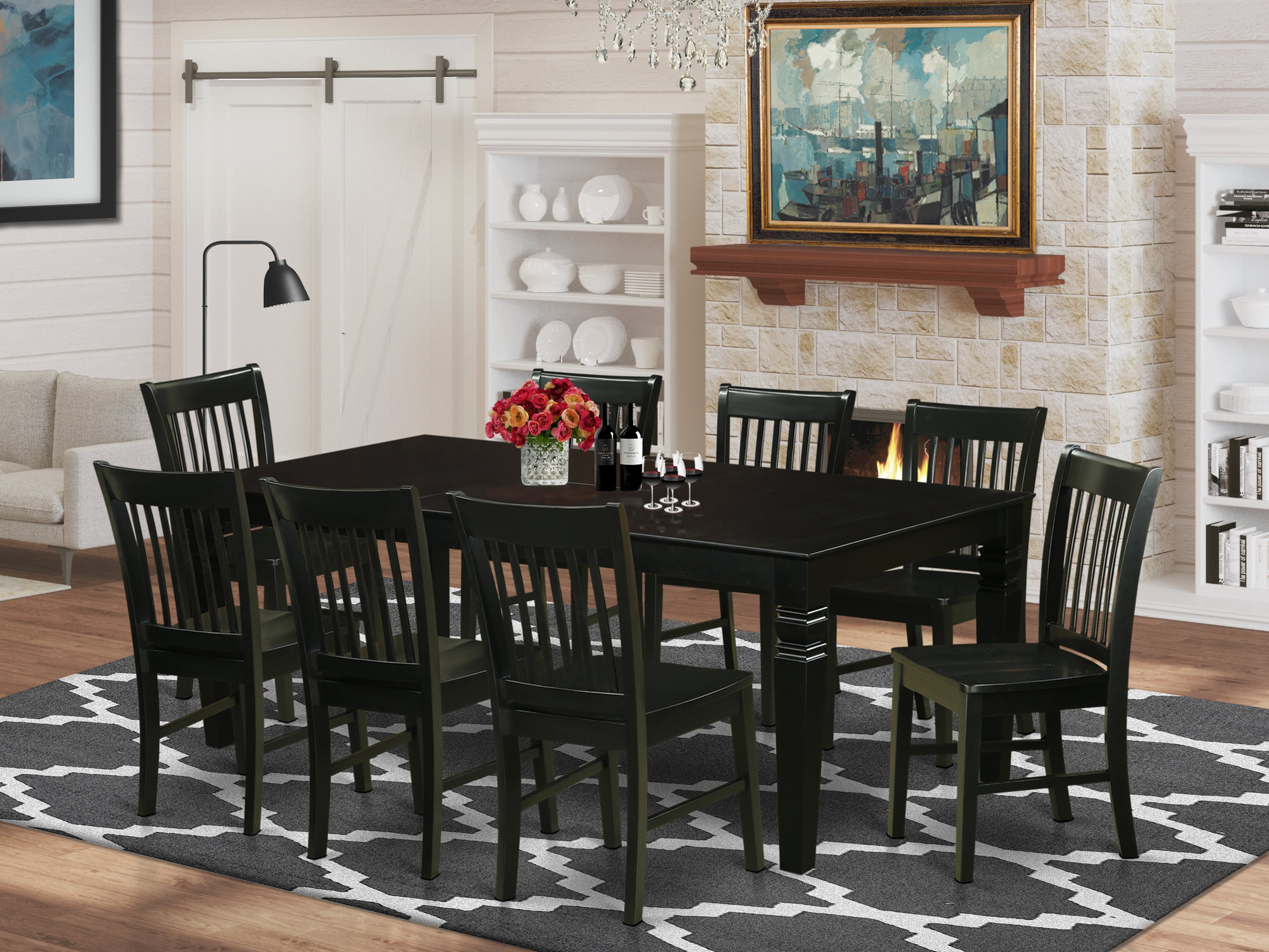 LGNO9-BLK-W 9 Pc Dining set with a Dining Table and 8 Wood Dining Chairs in Black