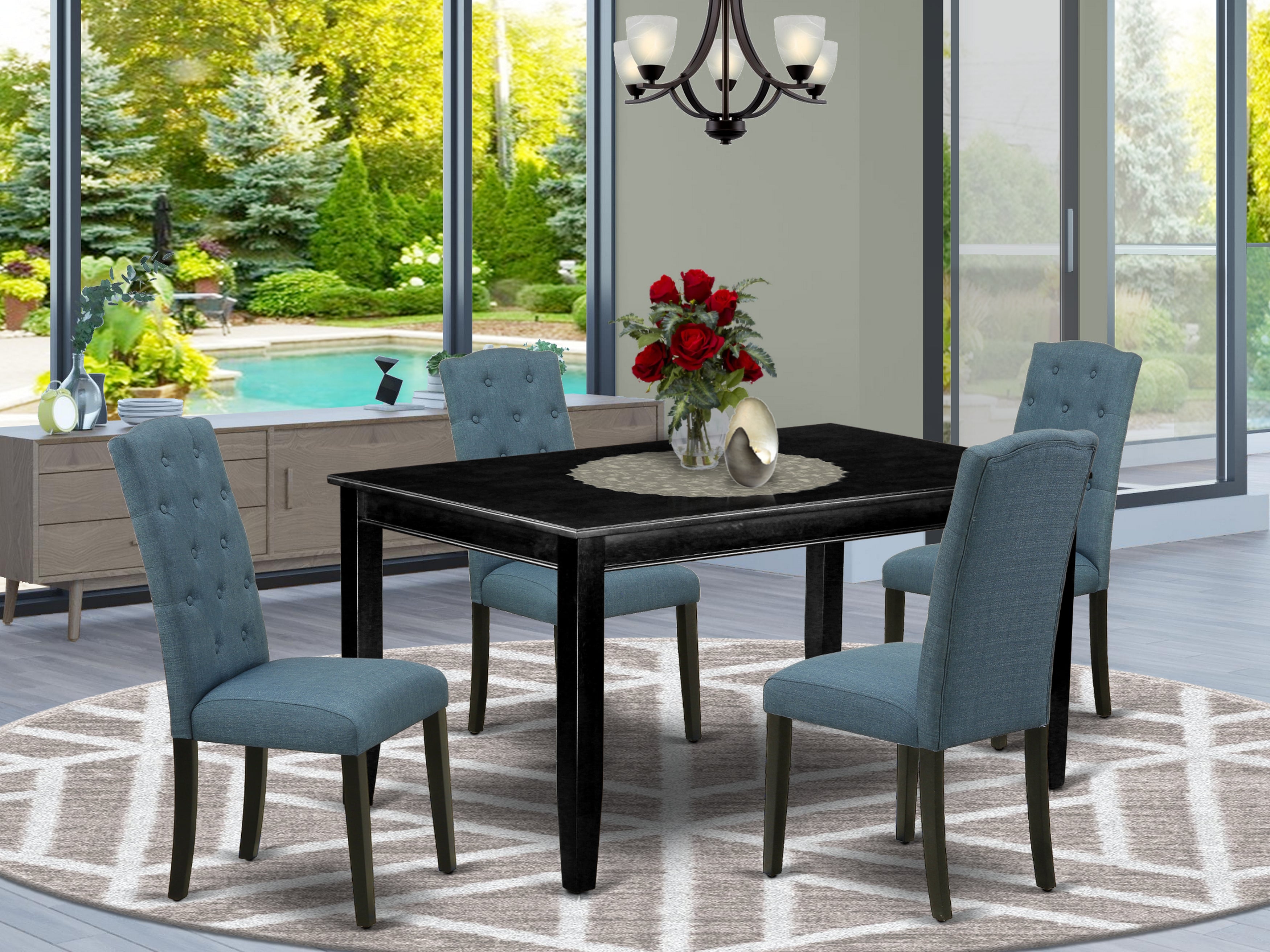 DUCE5-BLK-21 5Pc Dining Set Includes a Rectangle Dining Table and Four Parson Chairs with Blue Fabric, Black Finish