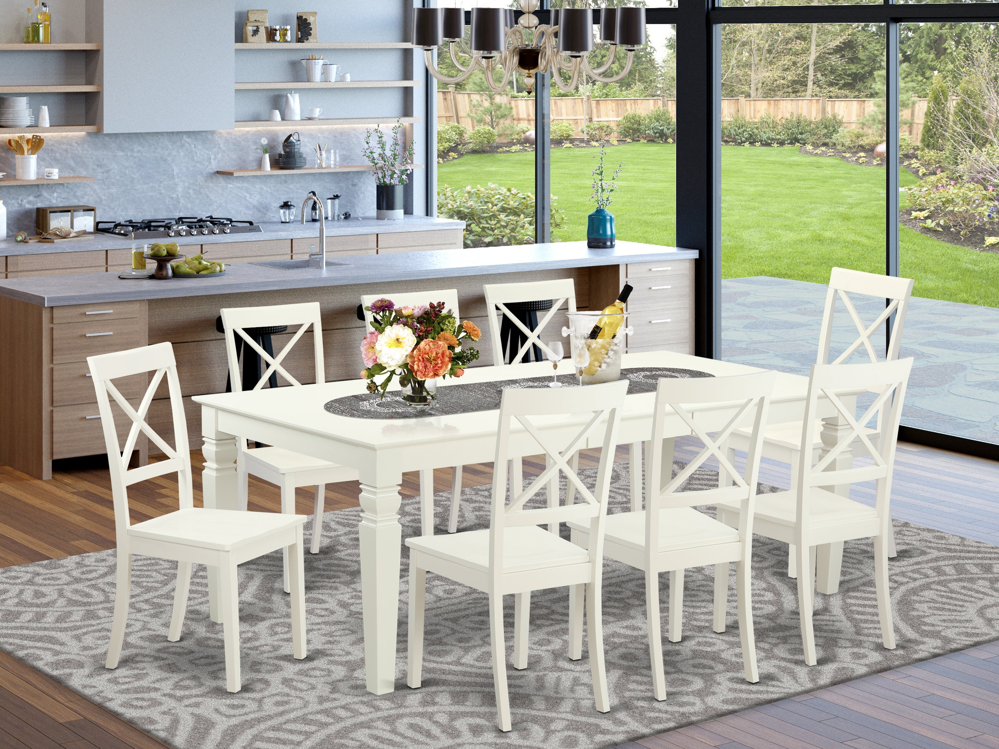 LGBO9-LWH-W 9 PcTable and chair set with a Dining Table and 8 Dining Chairs in Linen White