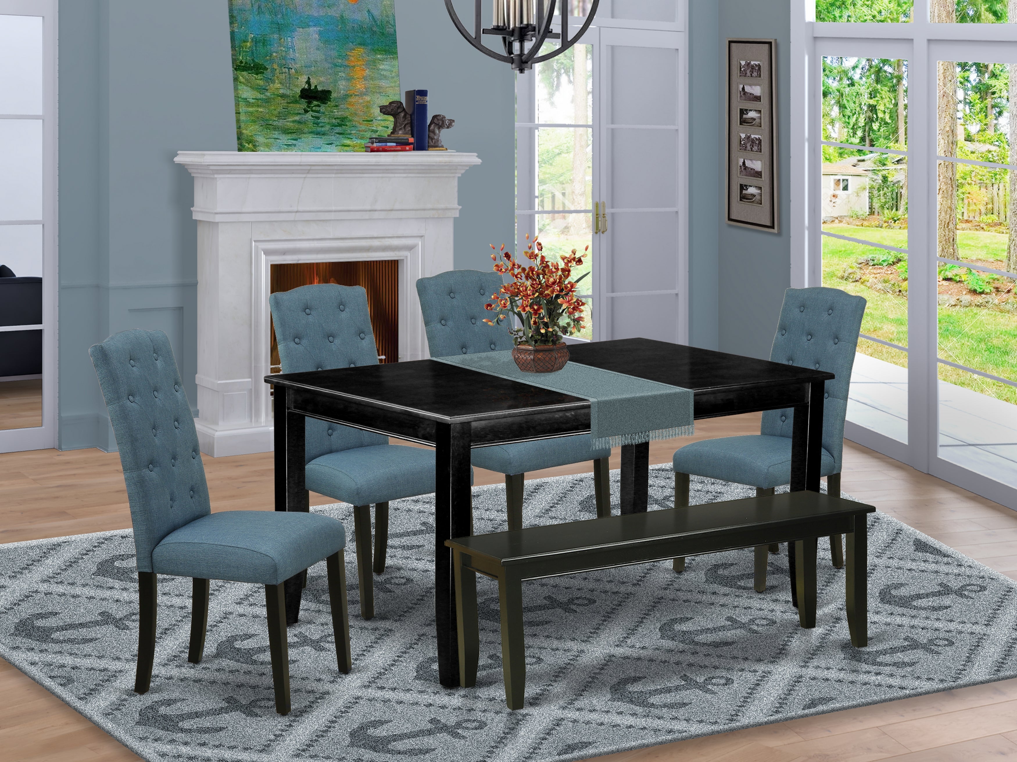 DUCE6-BLK-21 6Pc Dining Set Includes a Rectangle Dining Table, Four Parson Chairs with Blue Fabric and a Bench, Black Finish