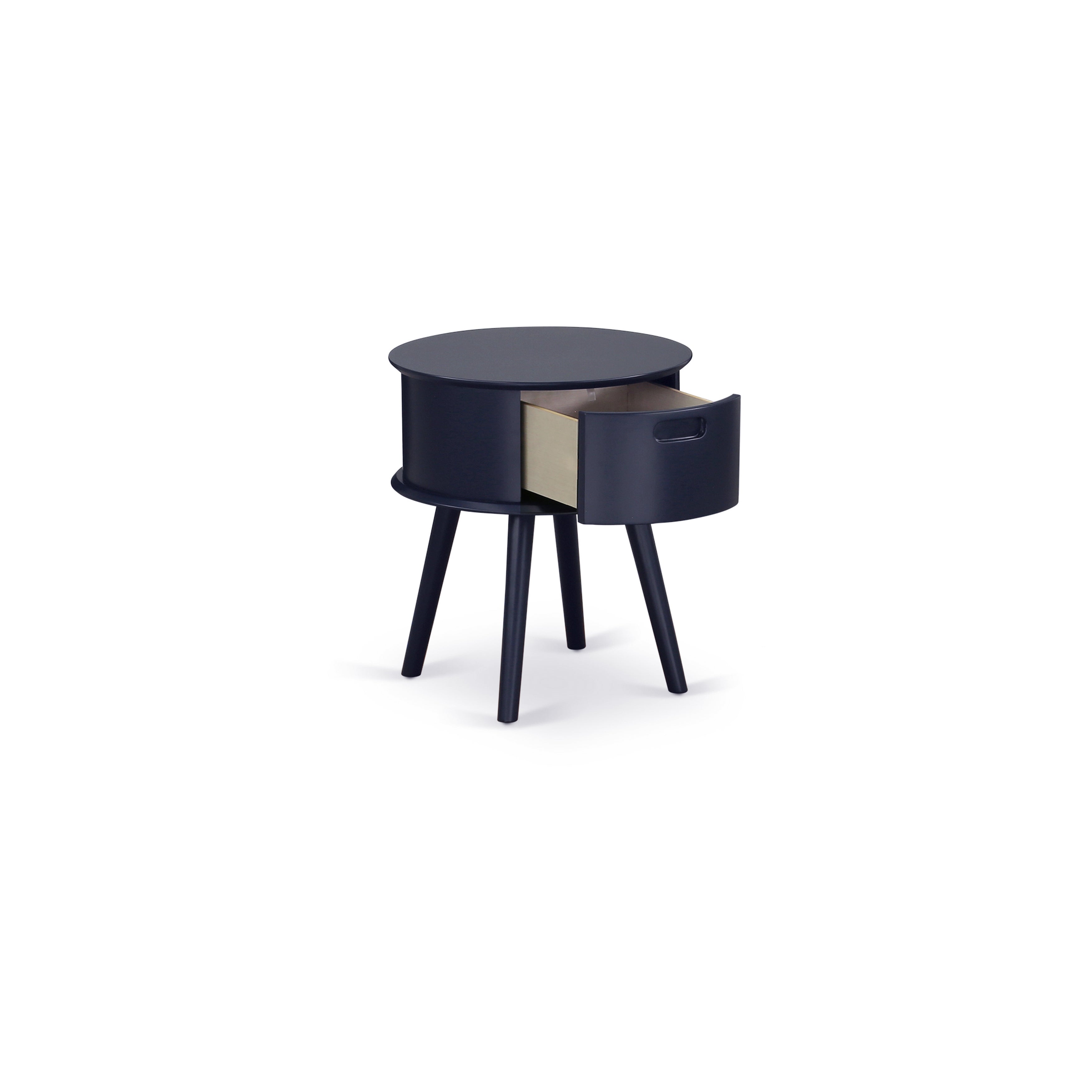 Gordon Round Night Stand End Table With Drawer in Navy Blue Finish