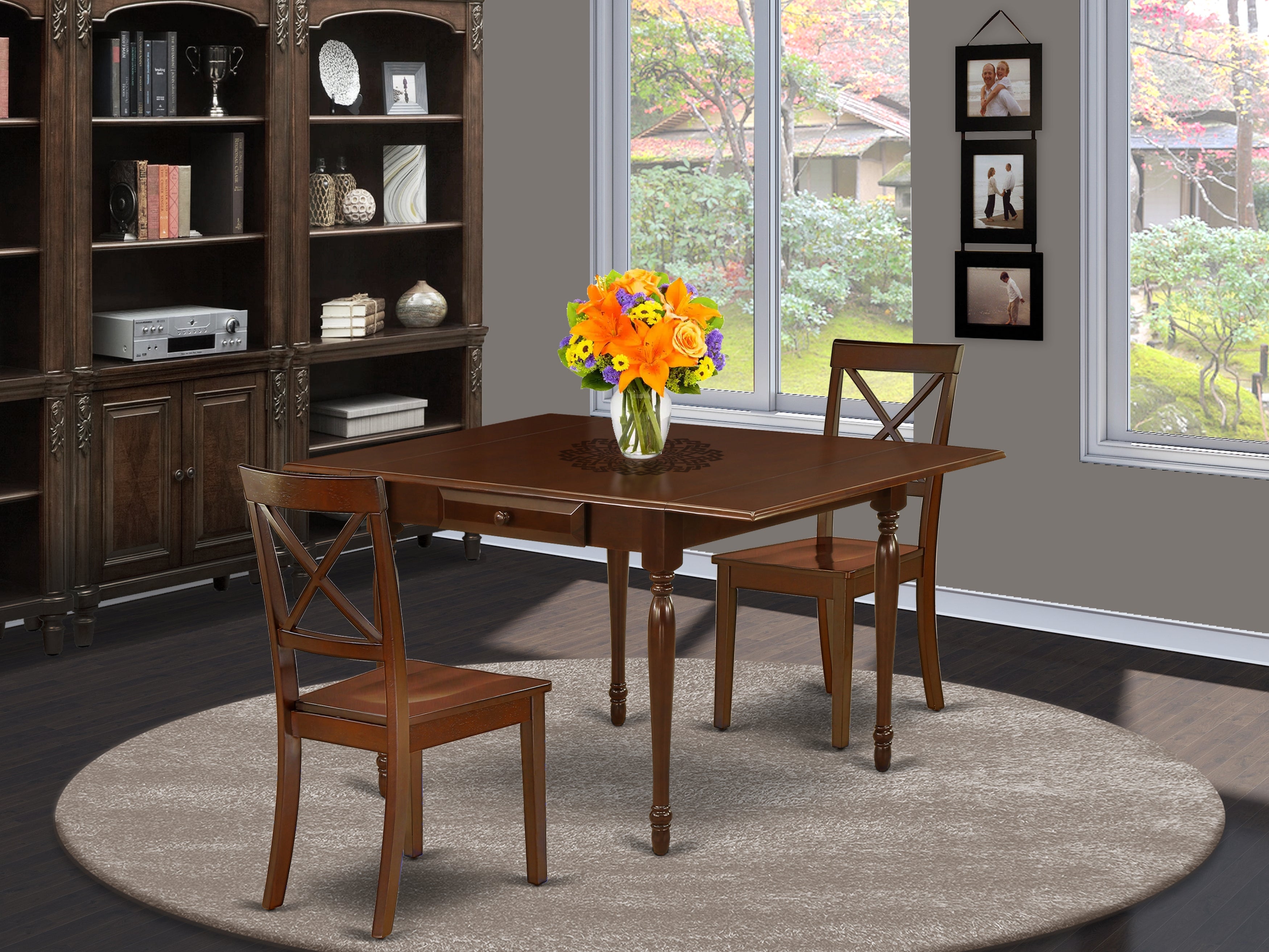East West Furniture MZBO3-MAH-W 3Pc Kitchen Set Includes a Small Dining Table and 2 Modern Dining Chairs with Solid Wood Seat, Drop Leaf Table with X Back Chairs, Mahogany Finish