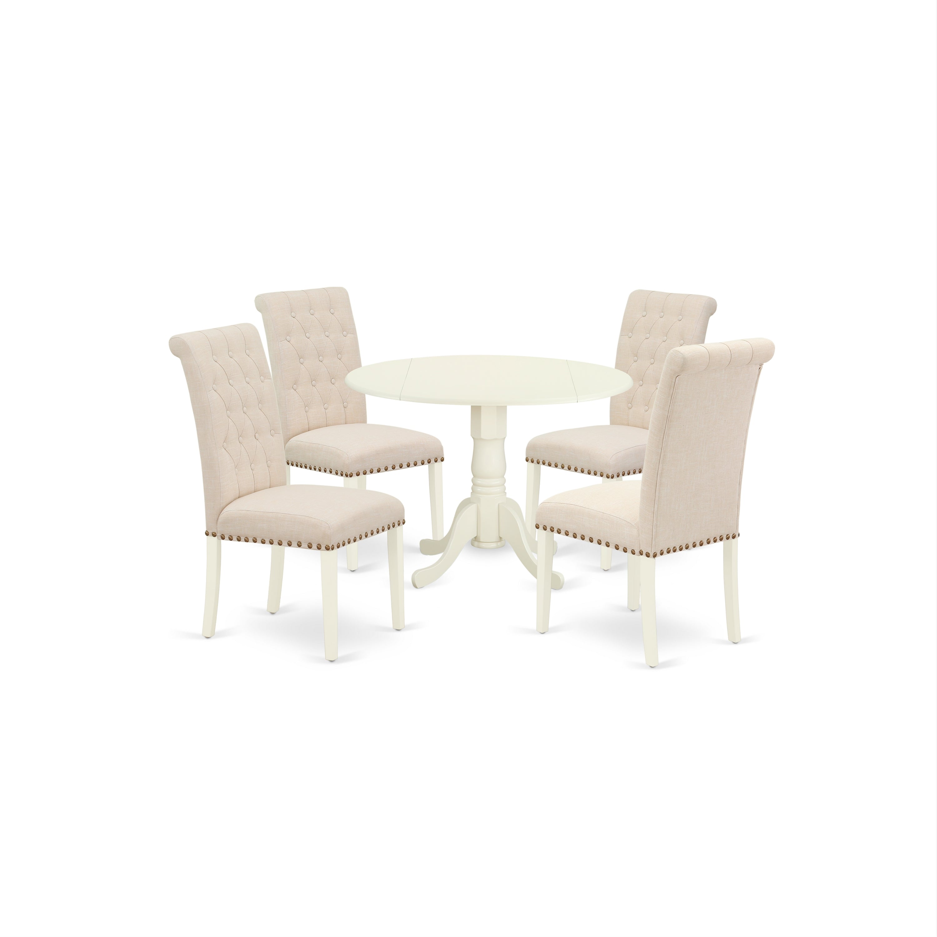 DLBR5-WHI-02 5Pc Dining Set Includes a Small Round Dinette Table with Drop Leaves and Four Parson Chairs with Light Beige Fabric, White Finish
