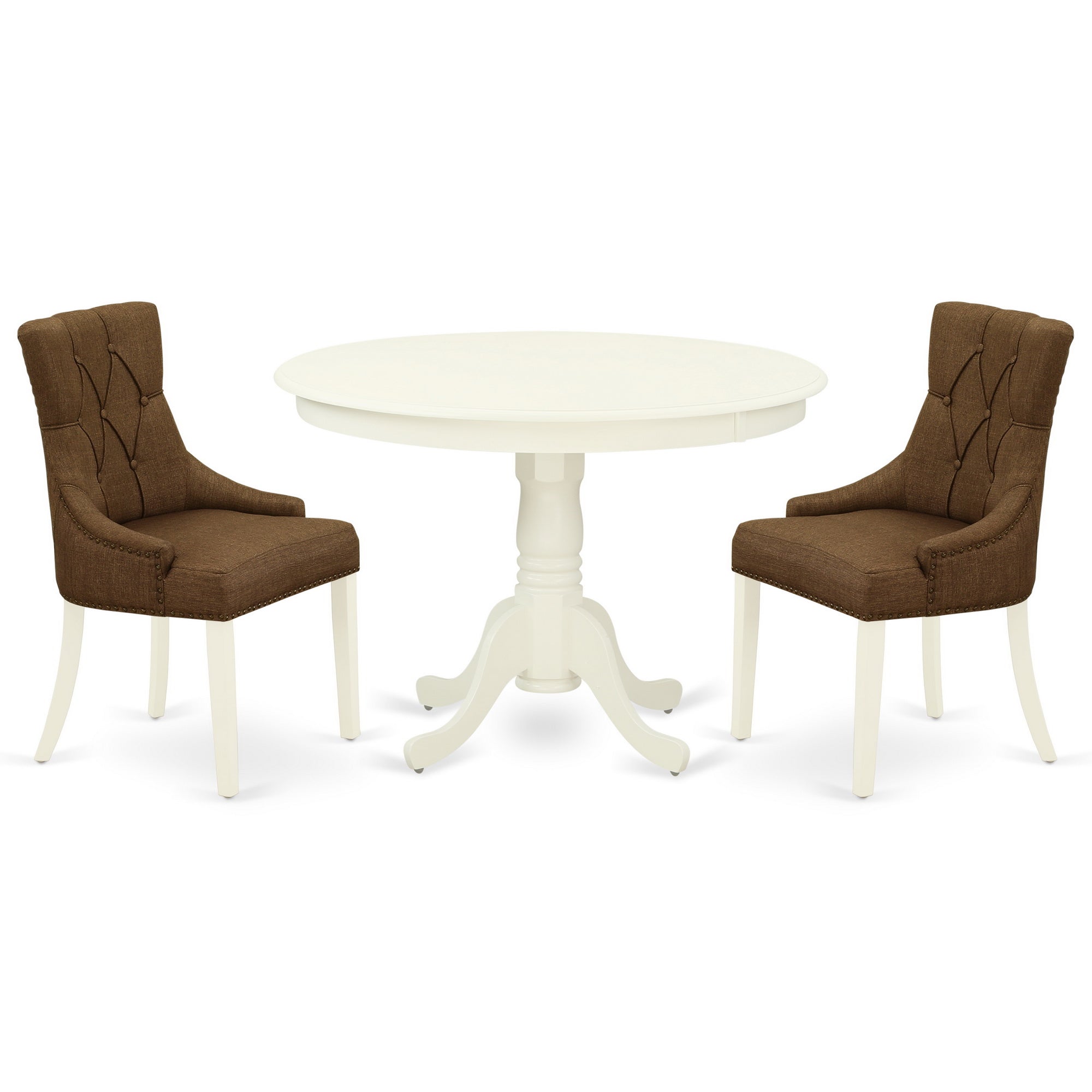 HLFR3-LWH-18 3Pc Dinette Set Includes a Rounded Kitchen Table and Two Parson Chairs with Dark Coffee Fabric, Linen White Finish
