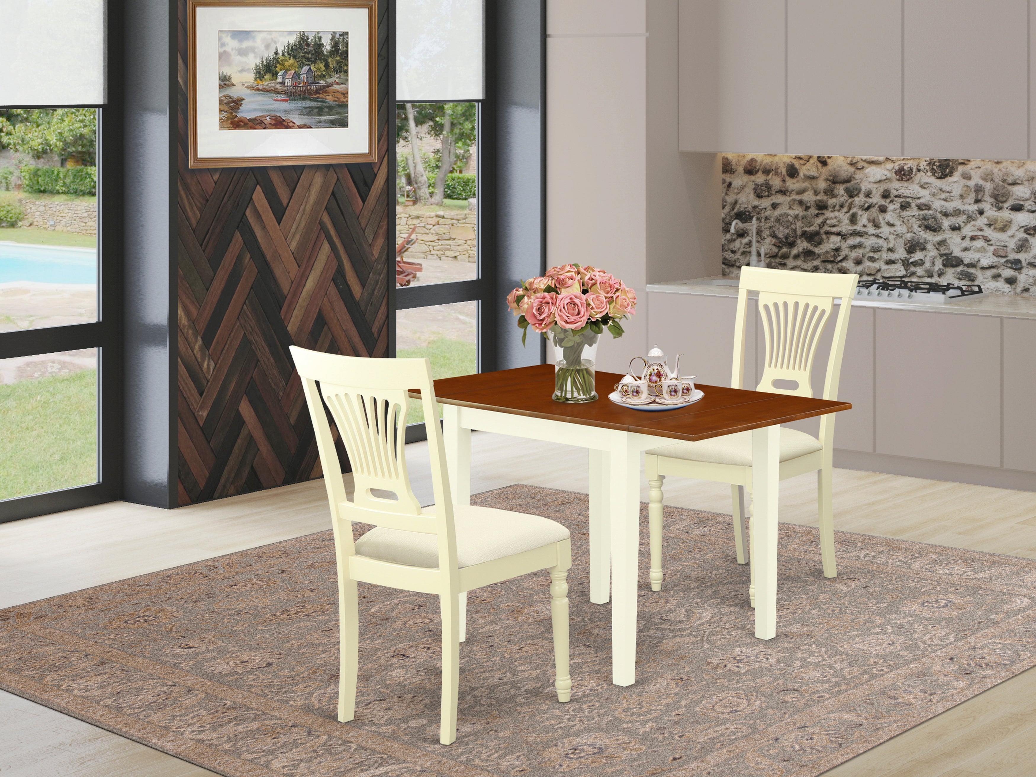 East West Furniture NDPL3-WHI-C ,3-Pc Dinette Set Consists of a Small Dining Table and () Modern Dining Chairs with Microfiber Upholstery Seat and Panel Back, Buttermilk and Cherry Finish