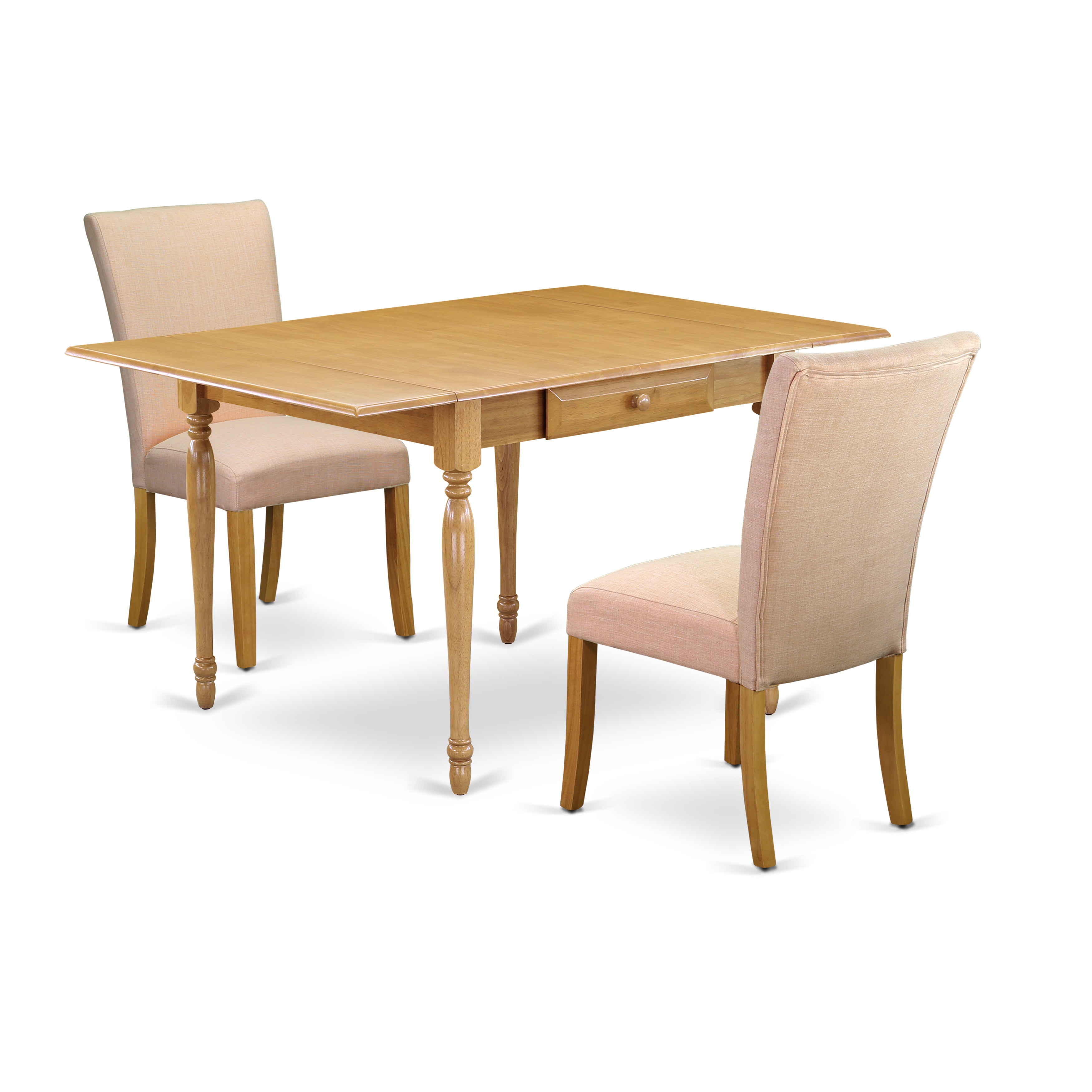 East West Furniture MZAL3-OAK-03 3Pc Kitchen Table Set Contains a Small Kitchen Table and 2 Parsons Dining Chairs with Dove Beige Color Linen Fabric, Drop Leaf Table with Full Back Chairs, Oak Finish