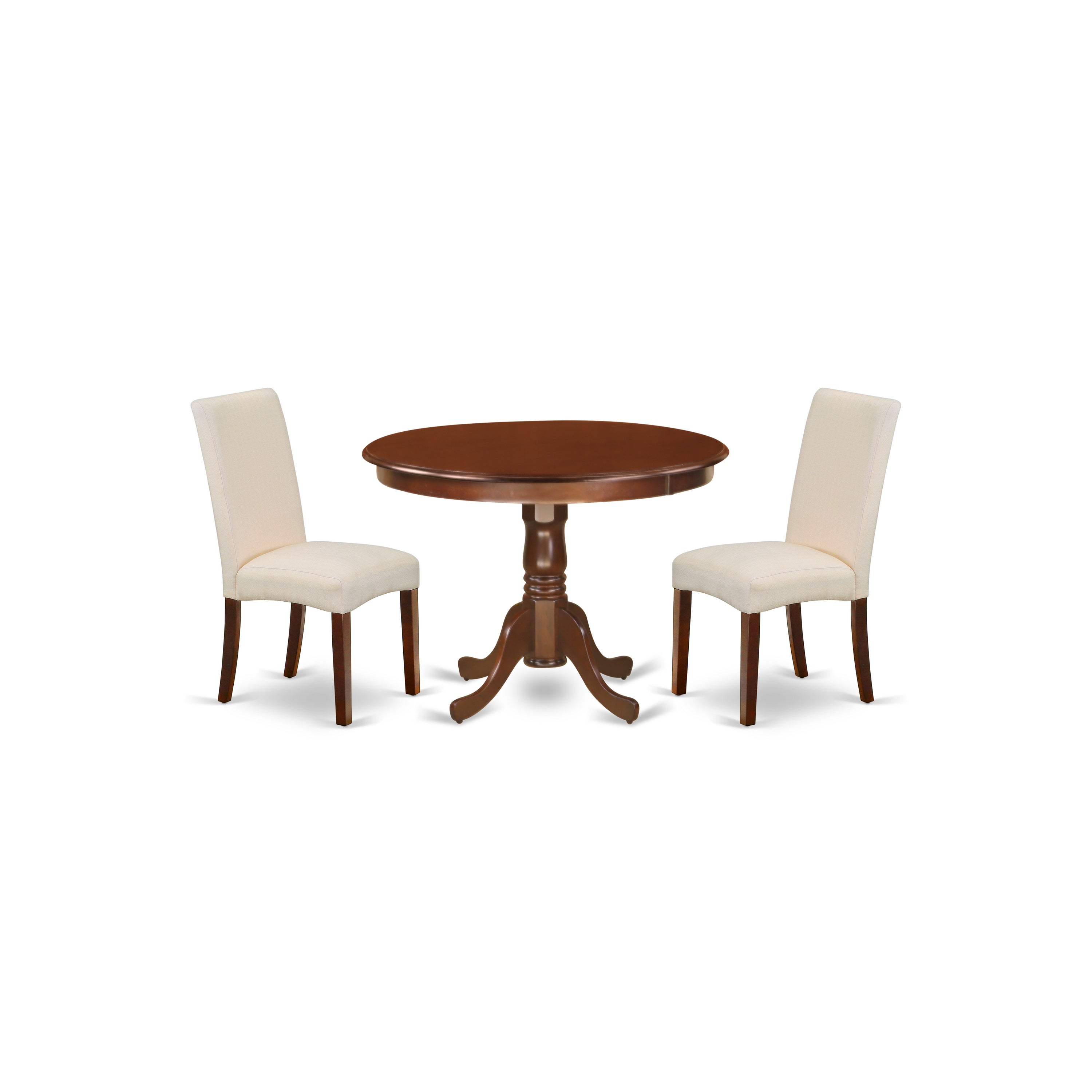 HLDR3-MAH-01 3Pc Round 42" Dining Table And Two Parson Chair With Mahogany Finish Leg And Linen Fabric- Cream Color