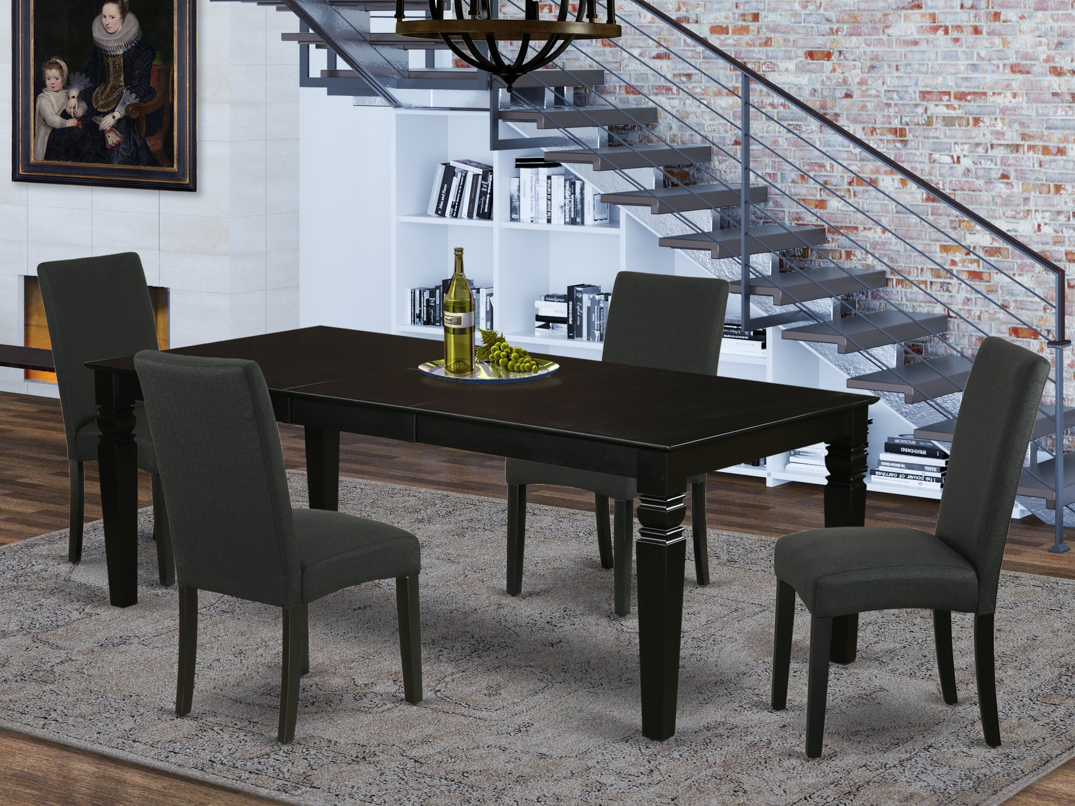 Logan 9 PC 84" Traditional Dining room Table With Leaf And Parson Chairs Set in Black