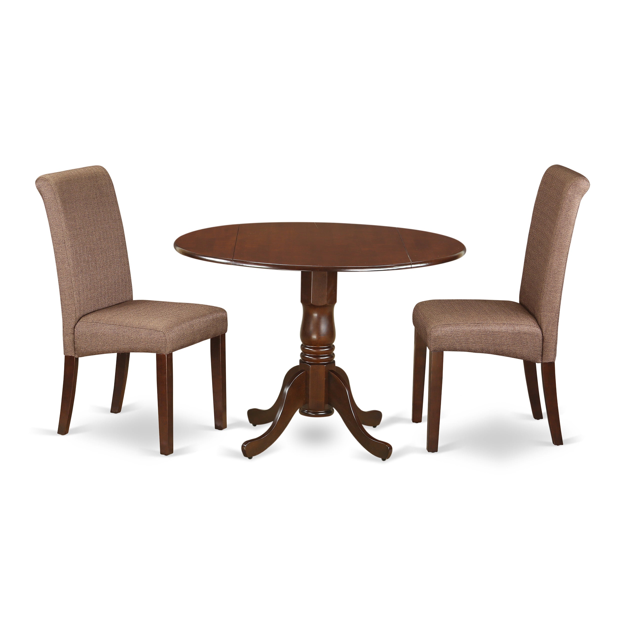 DLBA3-MAH-18 3Pc Small Round table with linen brown fabric Parson chairs with mahogany chair legs