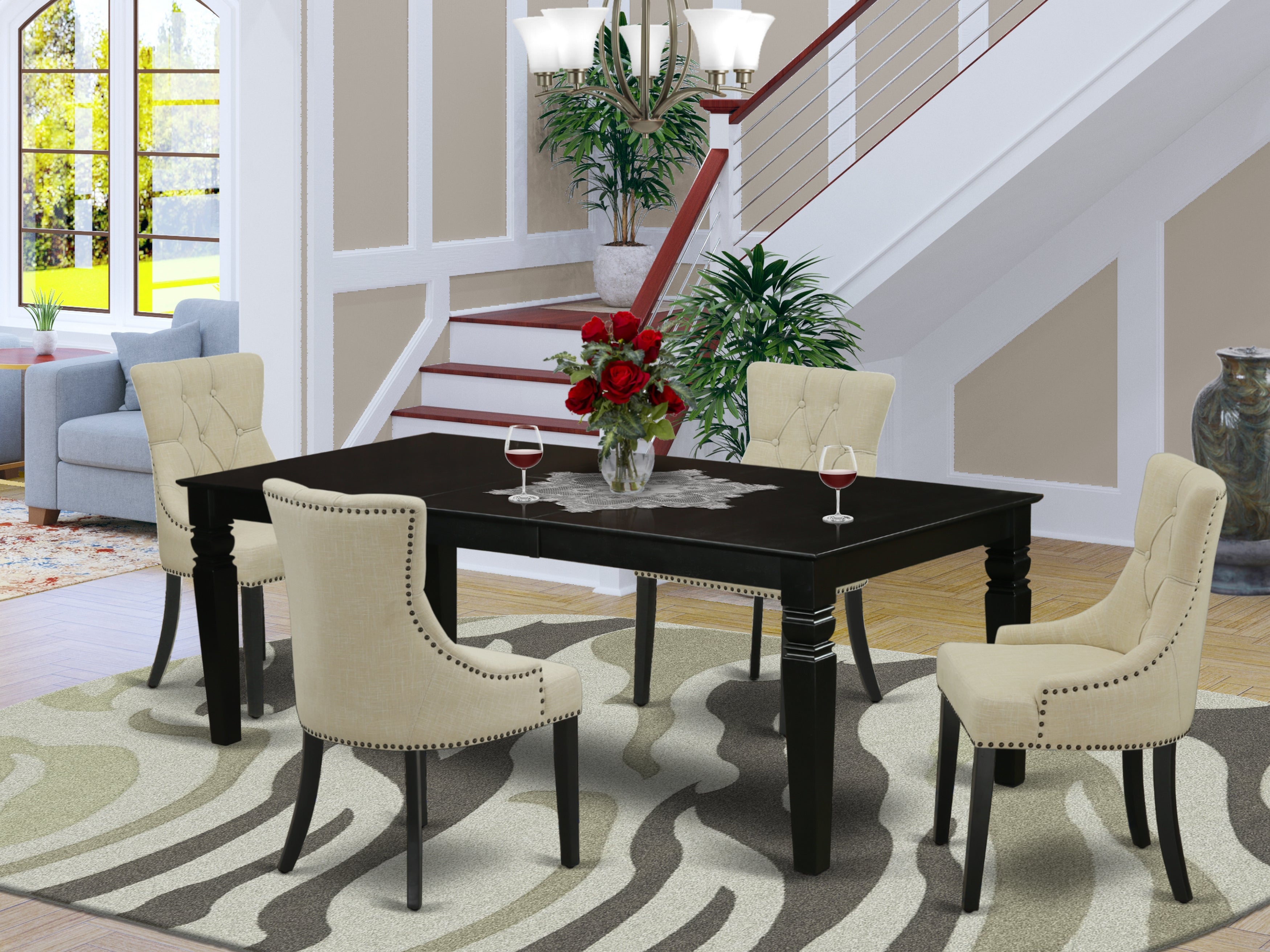 LGFR5-BLK-02 5Pc Dining Set Includes a Rectangle Dining Table with Butterfly Leaf and Four Parson Chairs with Light Beige Fabric, Black Finish