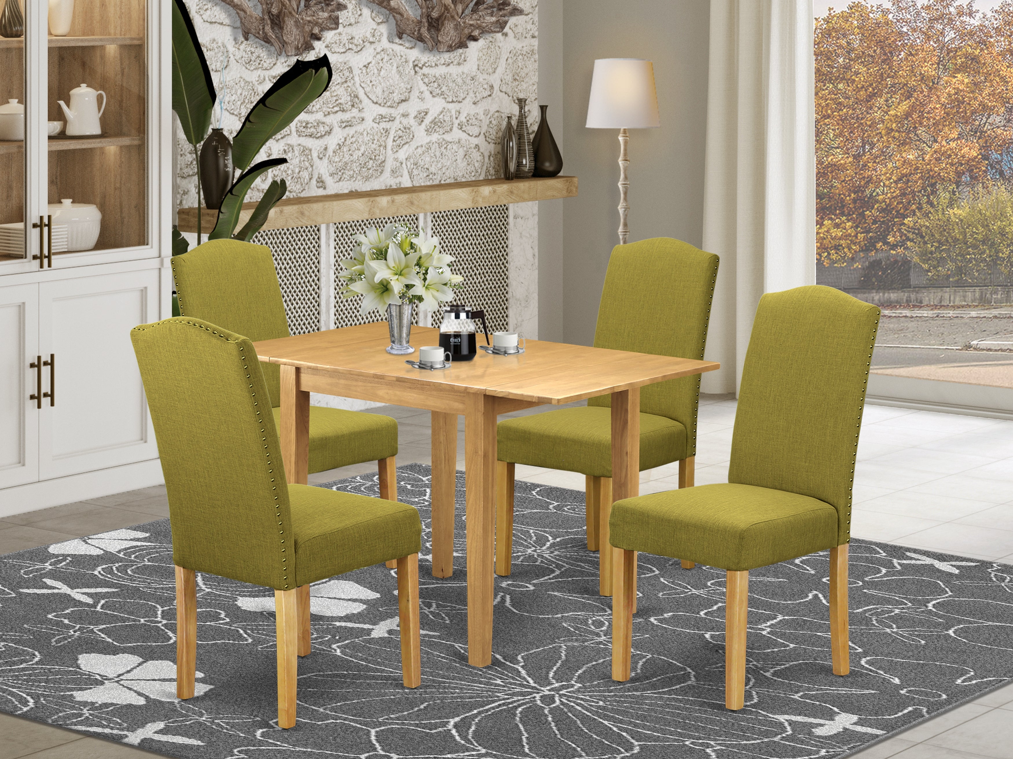 East West Furniture NDEN5-OAK-08 Dining Table Set 5 Pcs - Four Dining Room Chairs and a Modern Dining Table - Oak Finish Solid wood - Light Pickle Color Linen Fabric