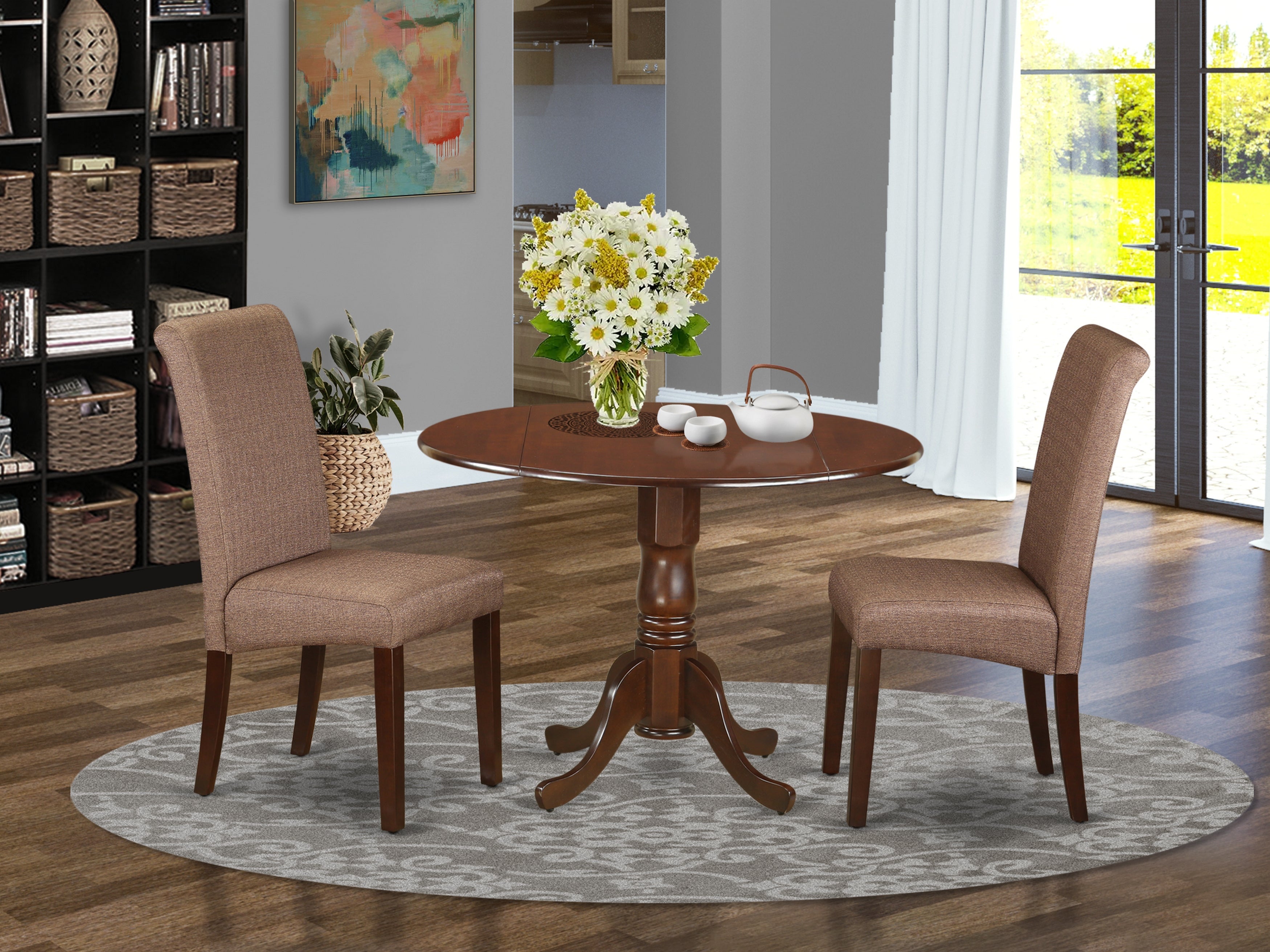 DLBA3-MAH-18 3Pc Small Round table with linen brown fabric Parson chairs with mahogany chair legs